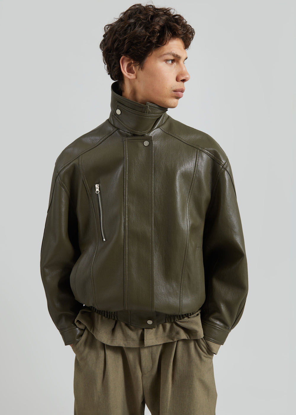 Risle Faux Leather Bomber Jacket - Olive - 1