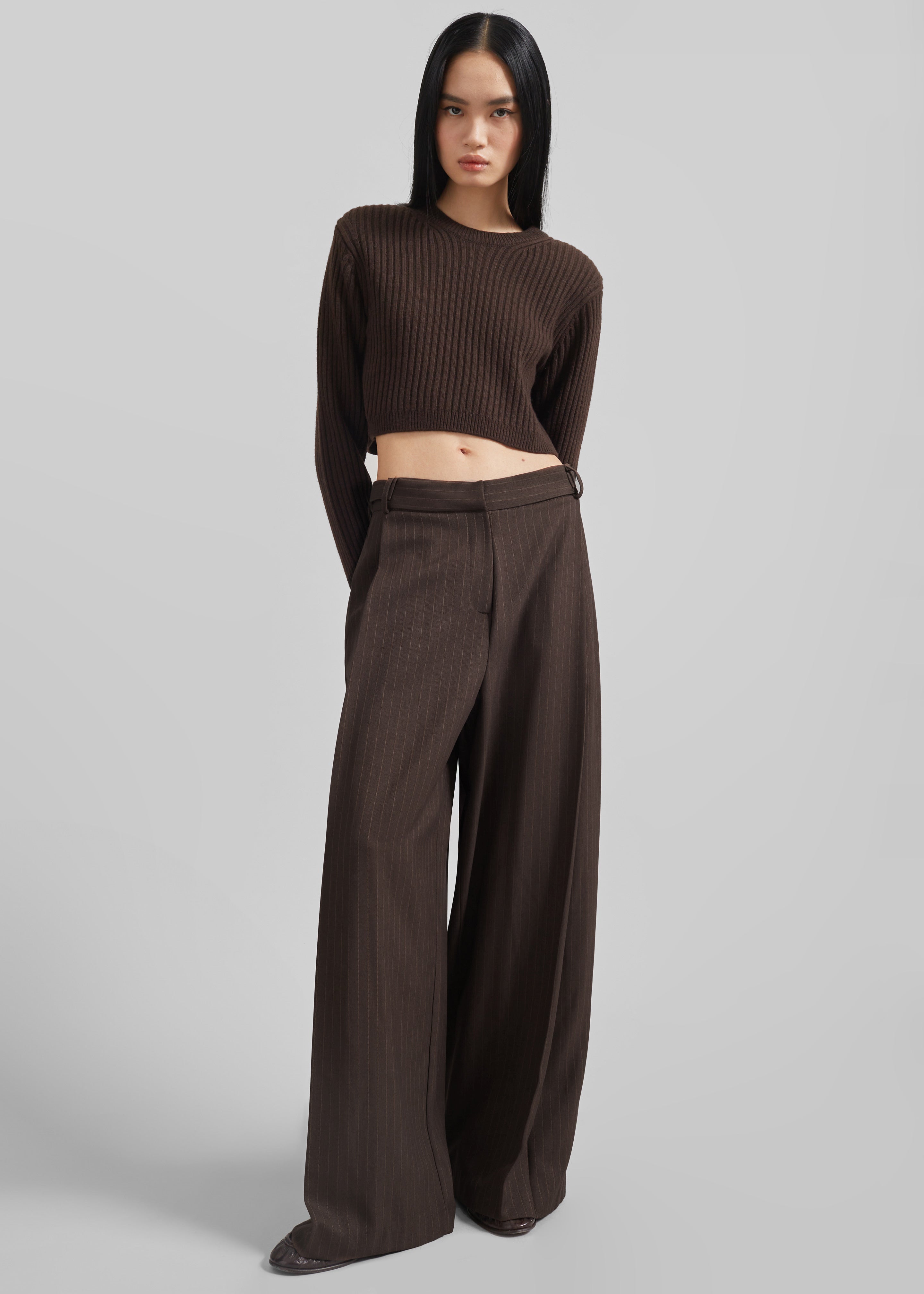 Ritsem Cropped Ribbed Wool Sweater - Dark Brown - 1