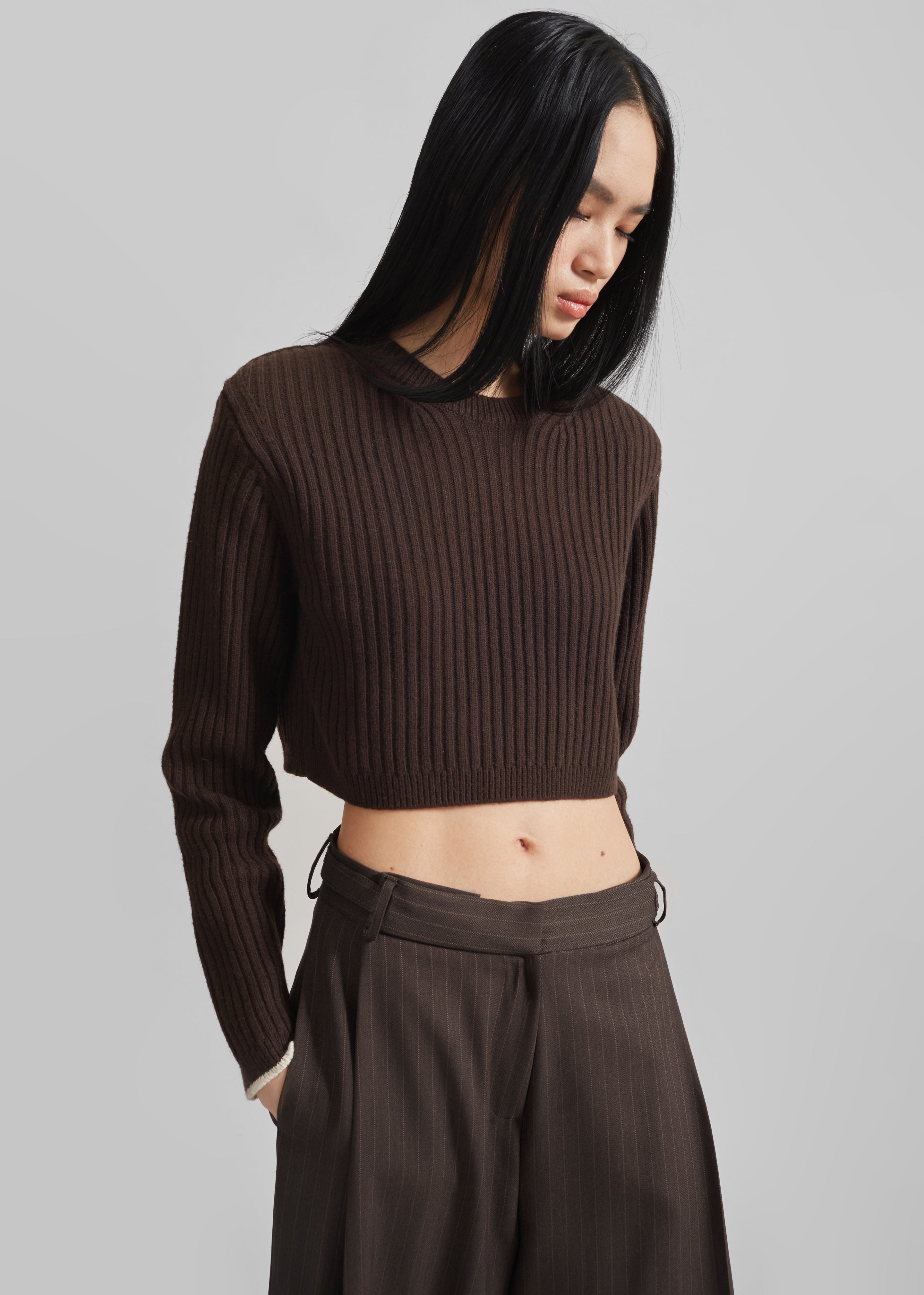 Ritsem Cropped Ribbed Wool Sweater - Dark Brown - 4