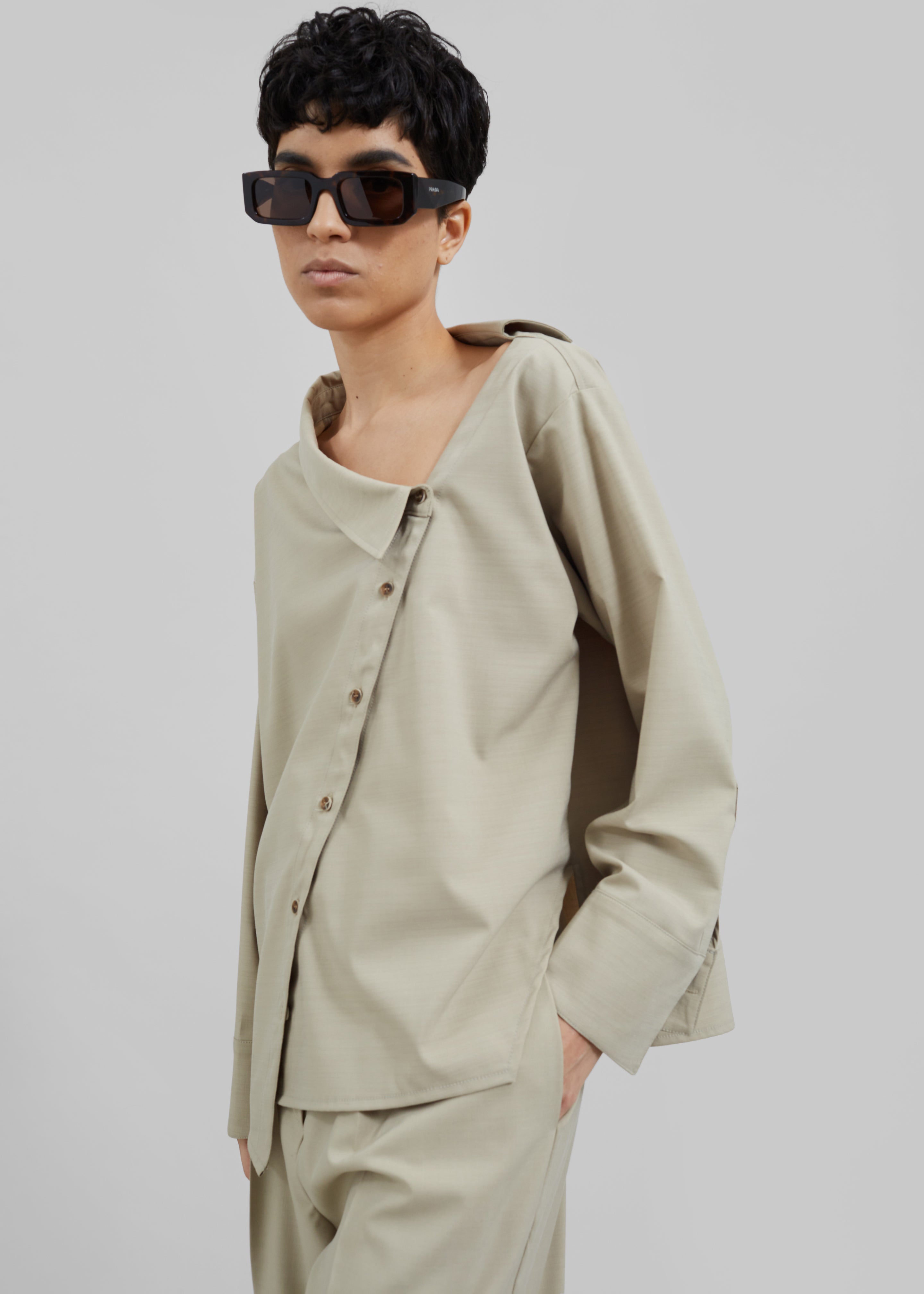 Roan Asymmetric Button Up Blouse - Beige - 7