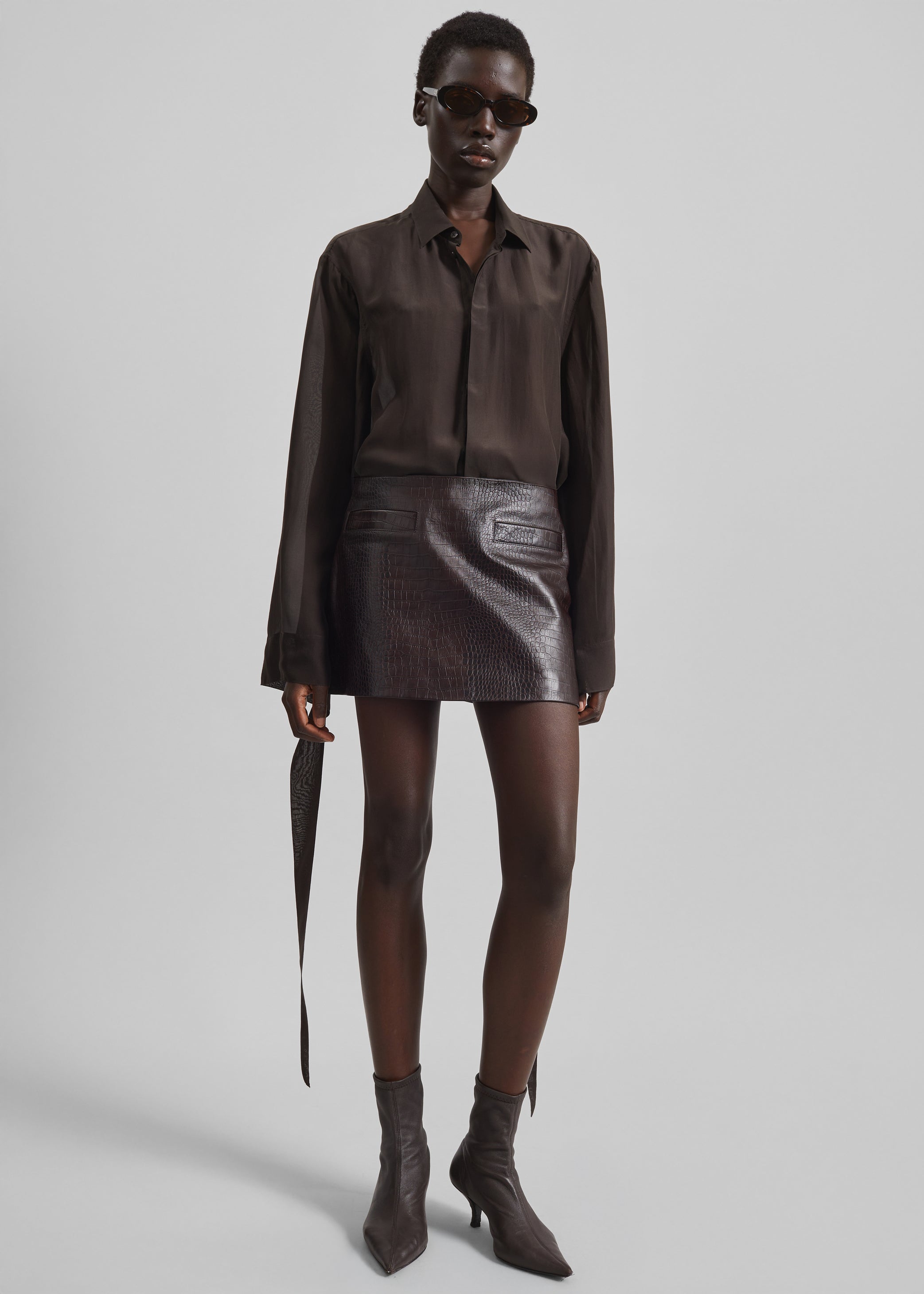 Shop the look image for Rory Croc Leather Mini Skirt - Dark Brown