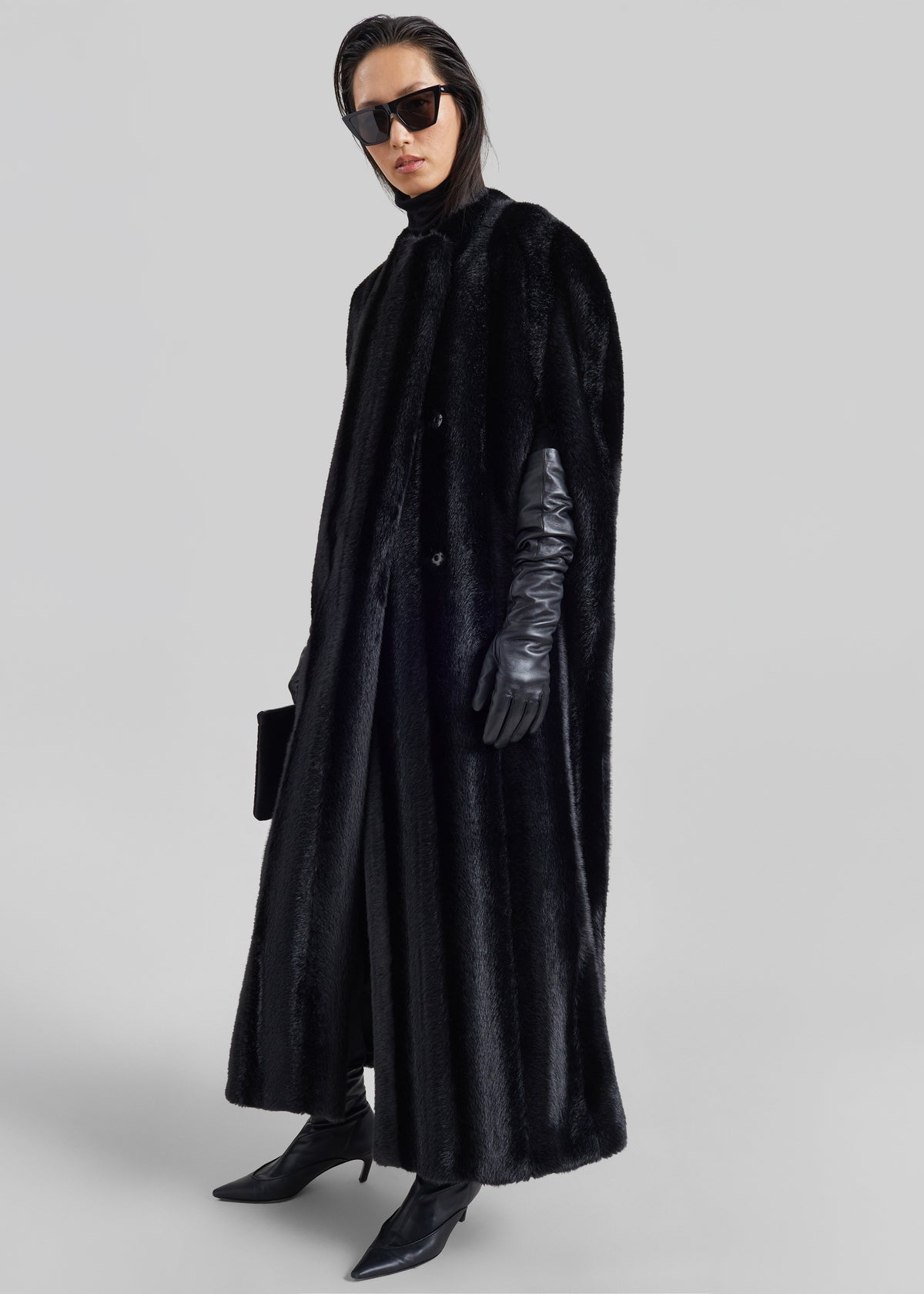 Rose Faux Fur Long Cape - Black