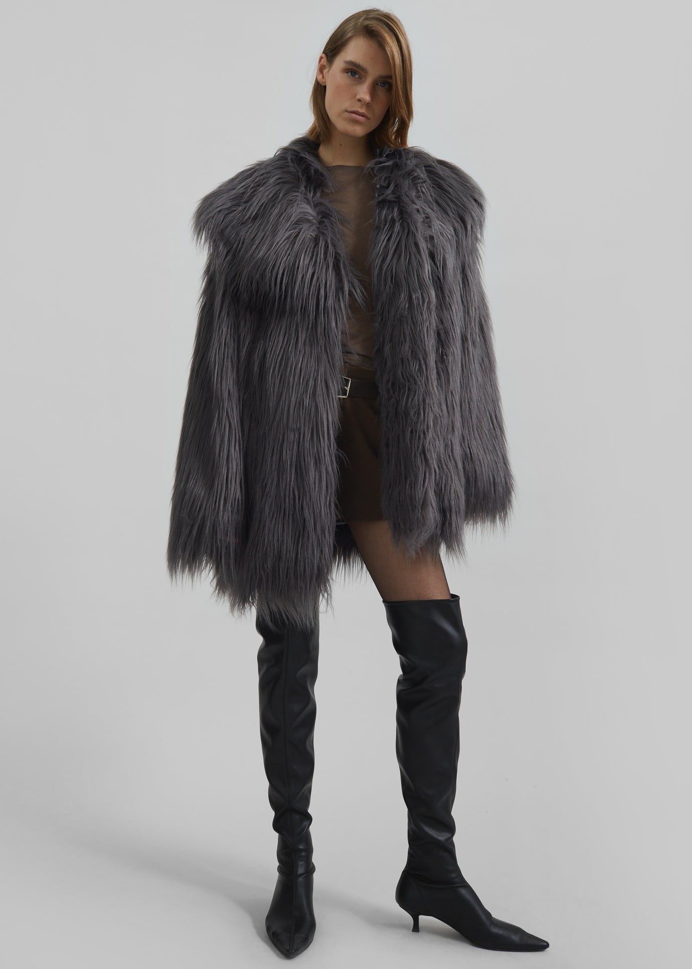 Rotate Faux Fur Wide Collar Coat - Gray Print - 1