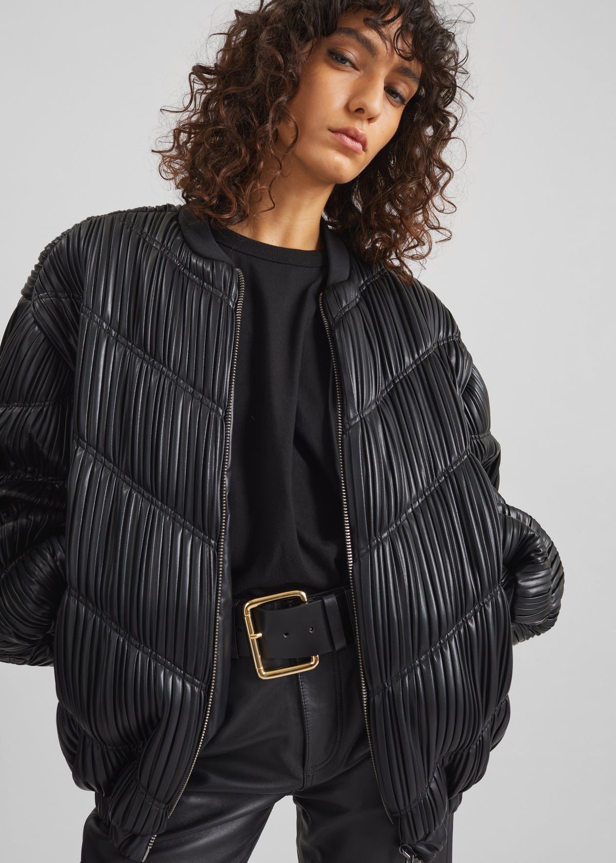 Rotate Pleated Bomber Jacket - Black - 1