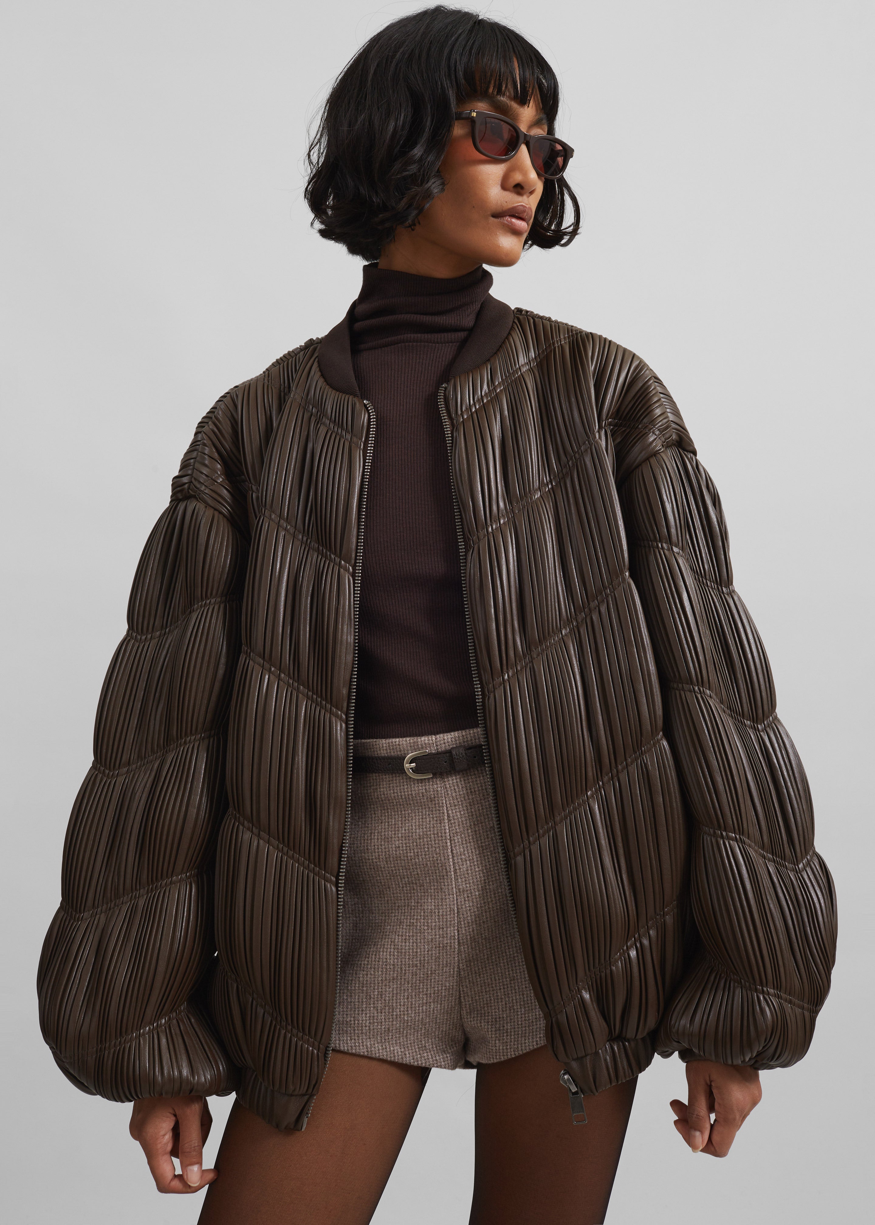 Rotate Pleated Bomber Jacket - Chocolate Brown - 4