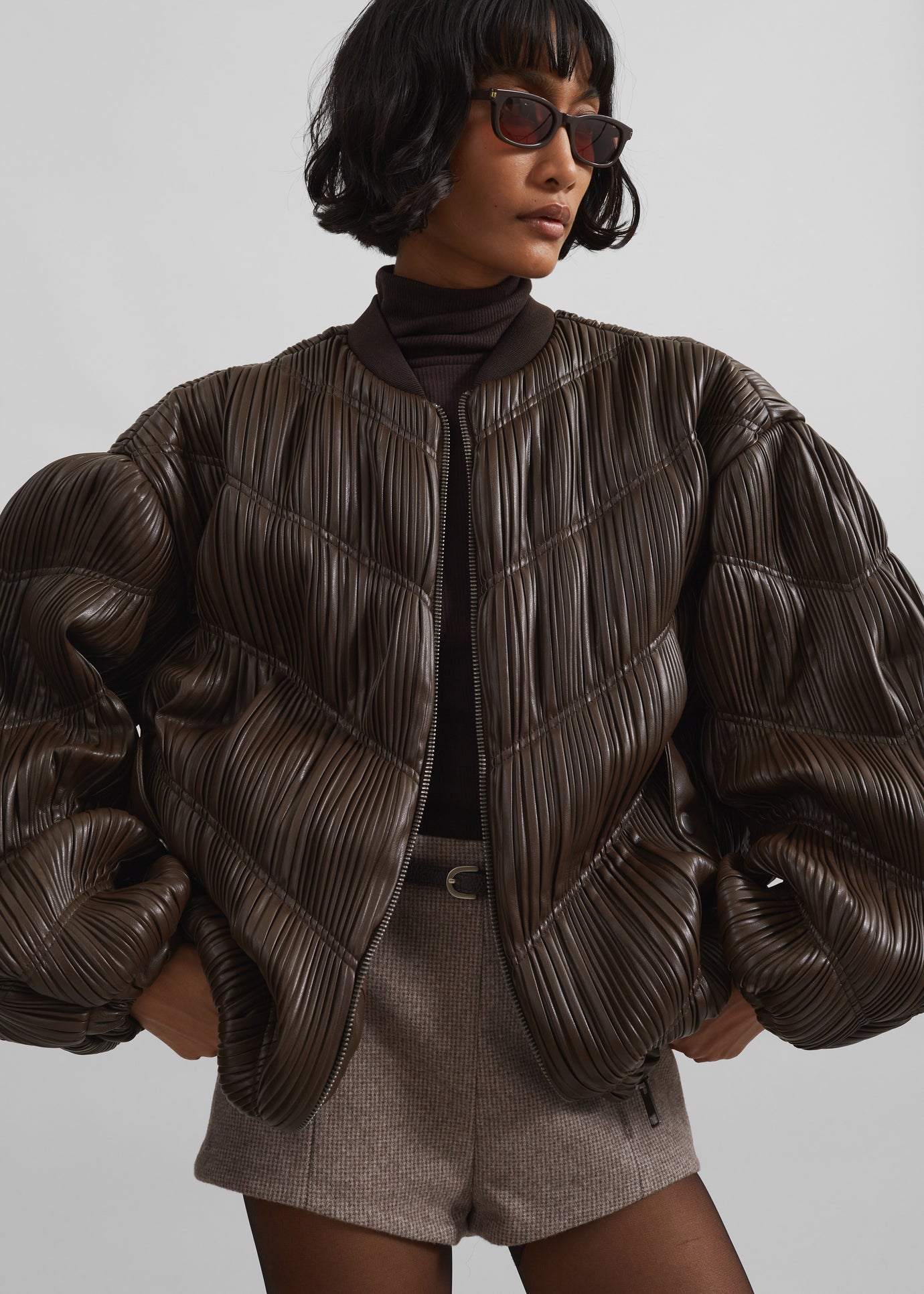 Rotate Pleated Bomber Jacket - Chocolate Brown - 1