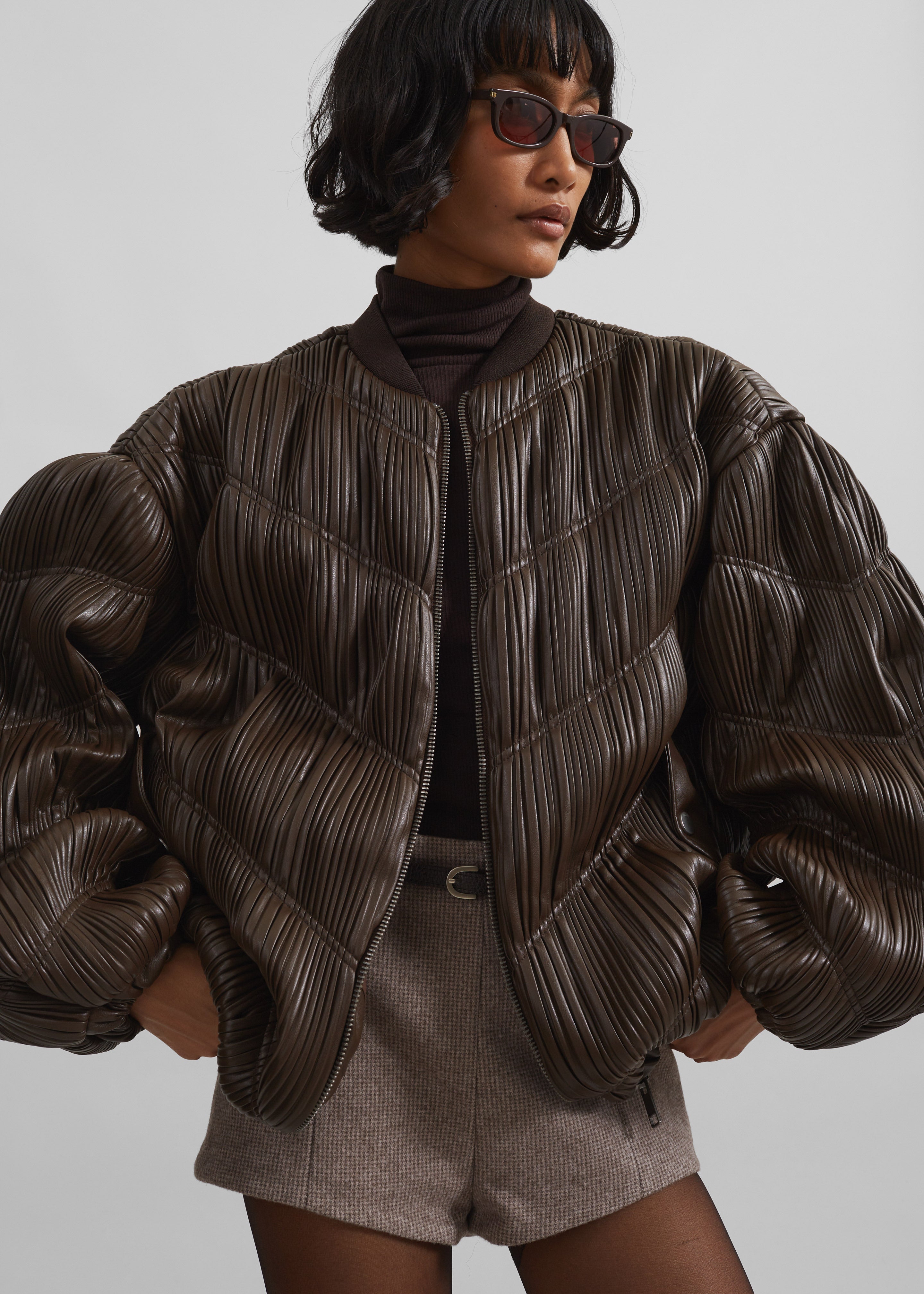 Rotate Pleated Bomber Jacket - Chocolate Brown - 2