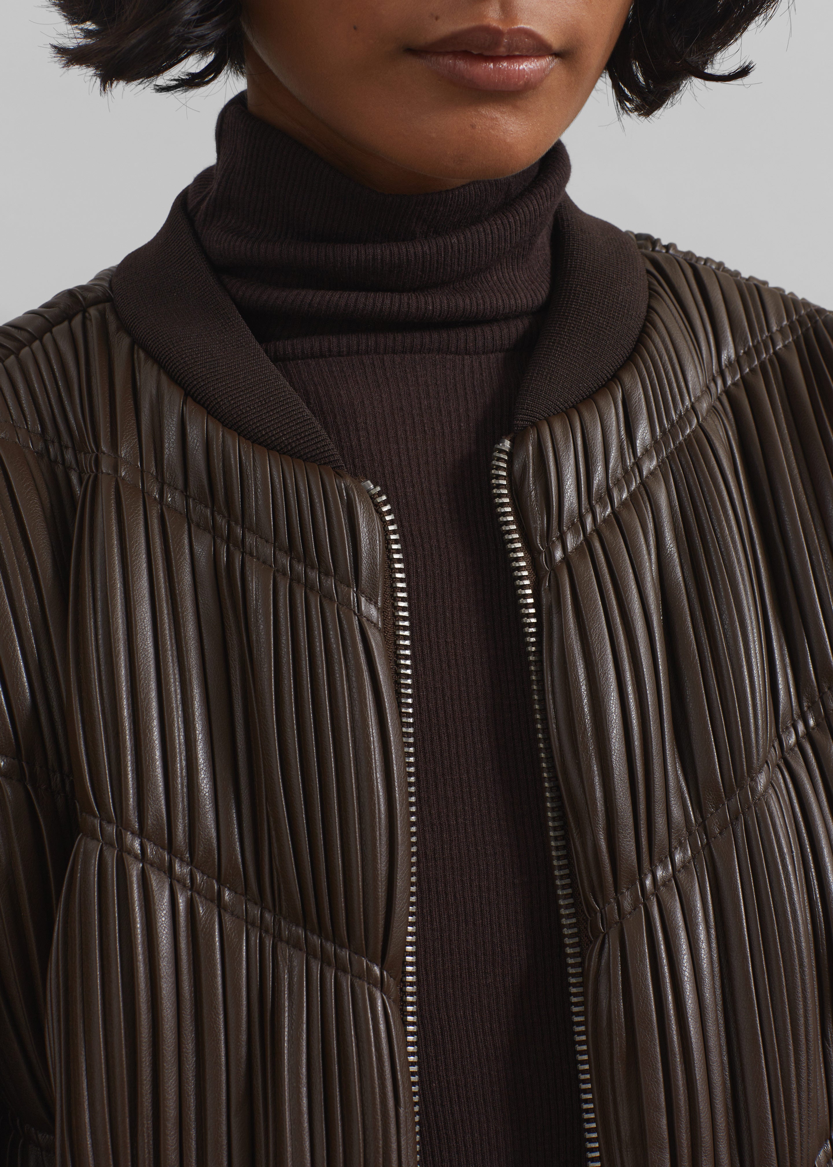 Rotate Pleated Bomber Jacket - Chocolate Brown - 6