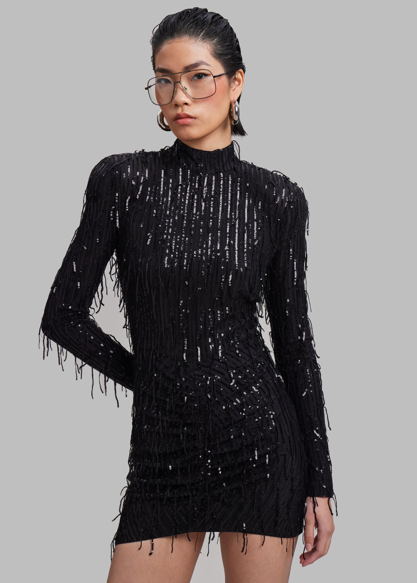 ROTATE Sequin Fringe Mini Dress - Black - 1