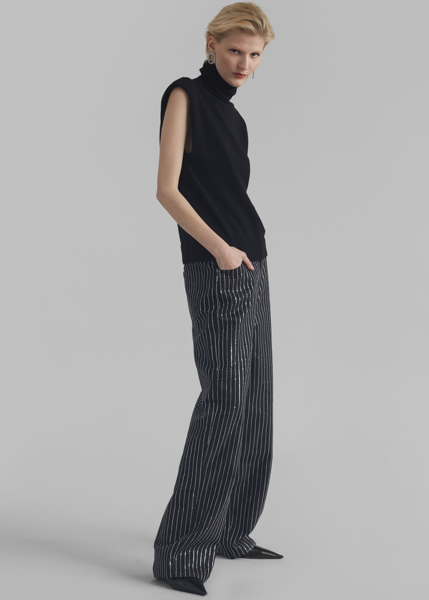 Rotate Sequin Twill Wide Pants - Black