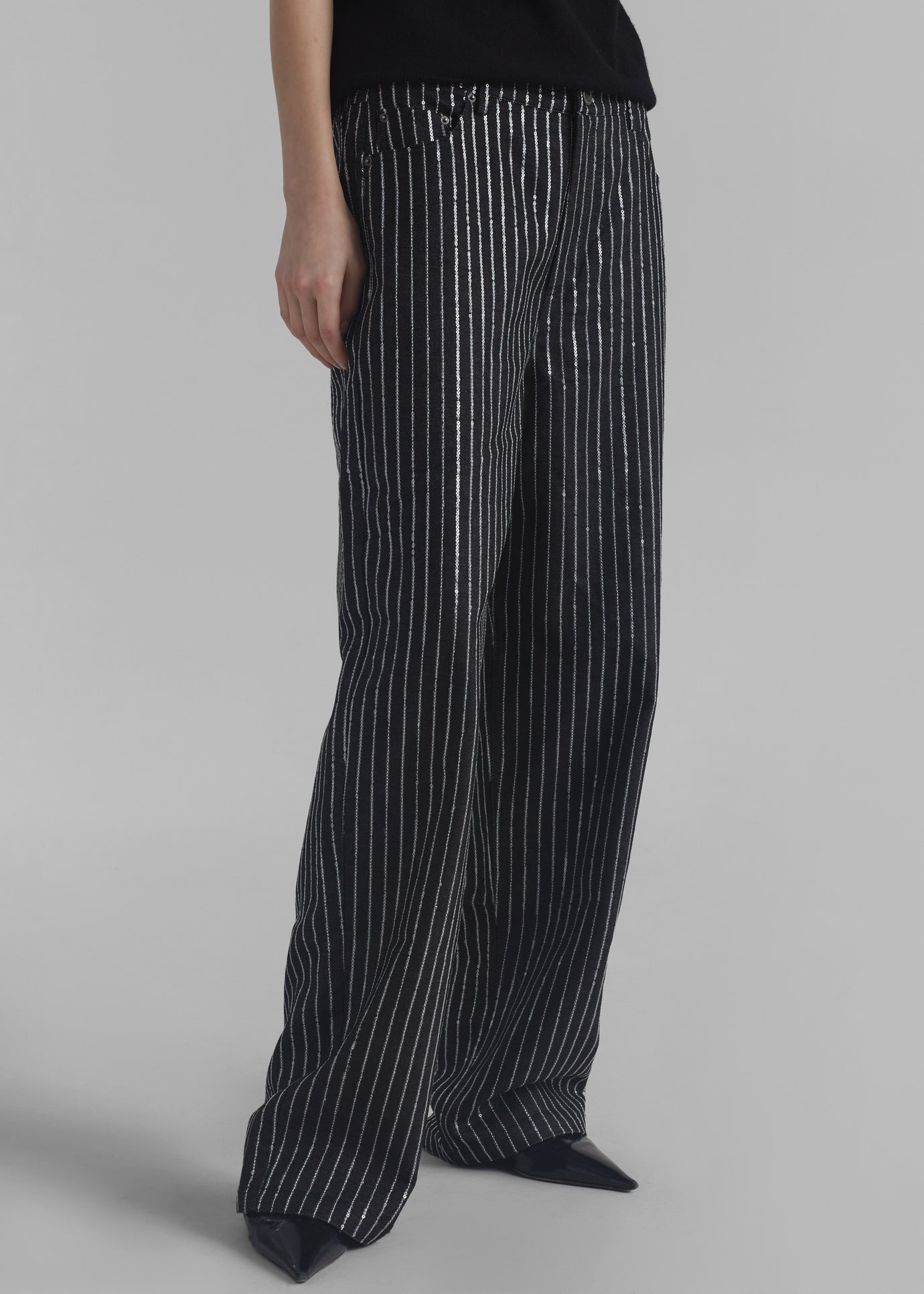 Rotate Sequin Twill Wide Pants - Black - 1