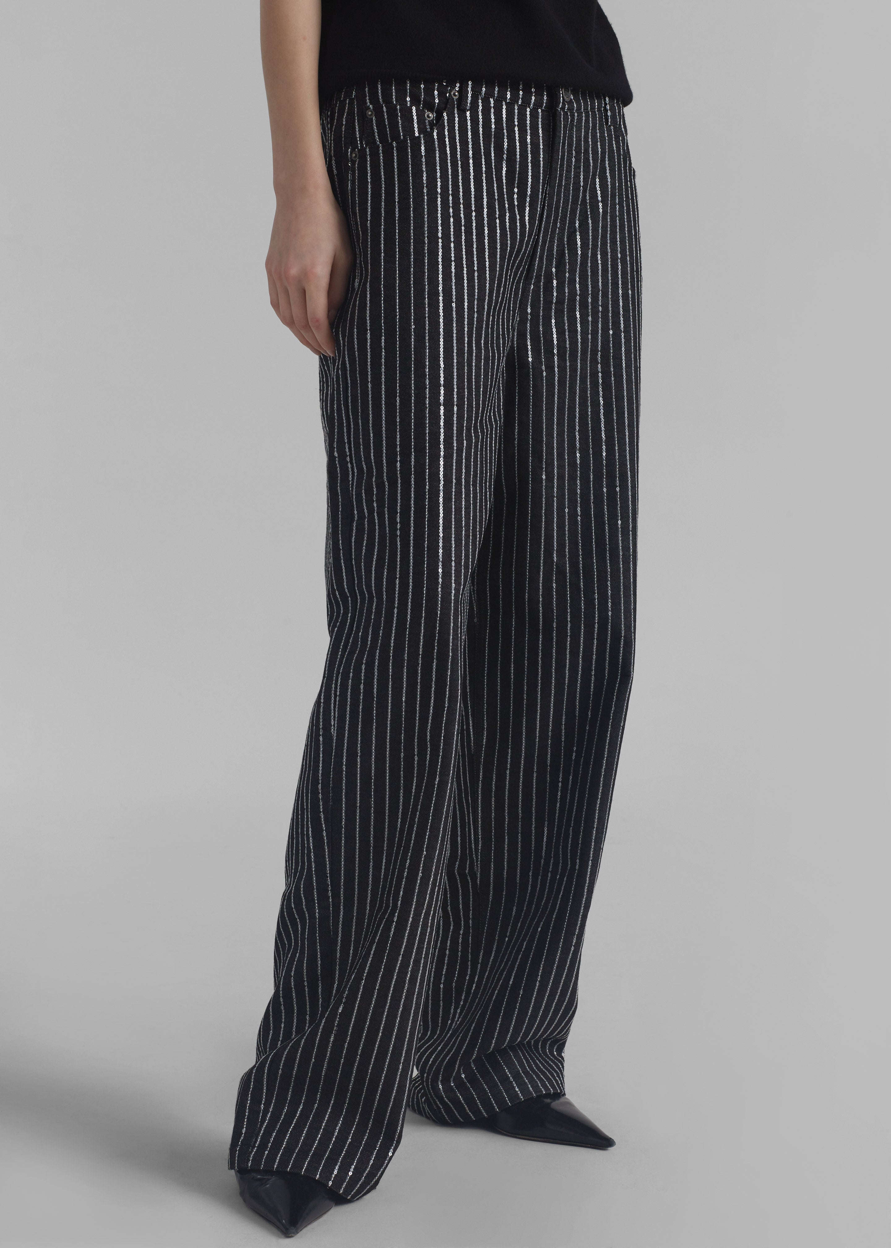 Rotate Sequin Twill Wide Pants - Black - 2