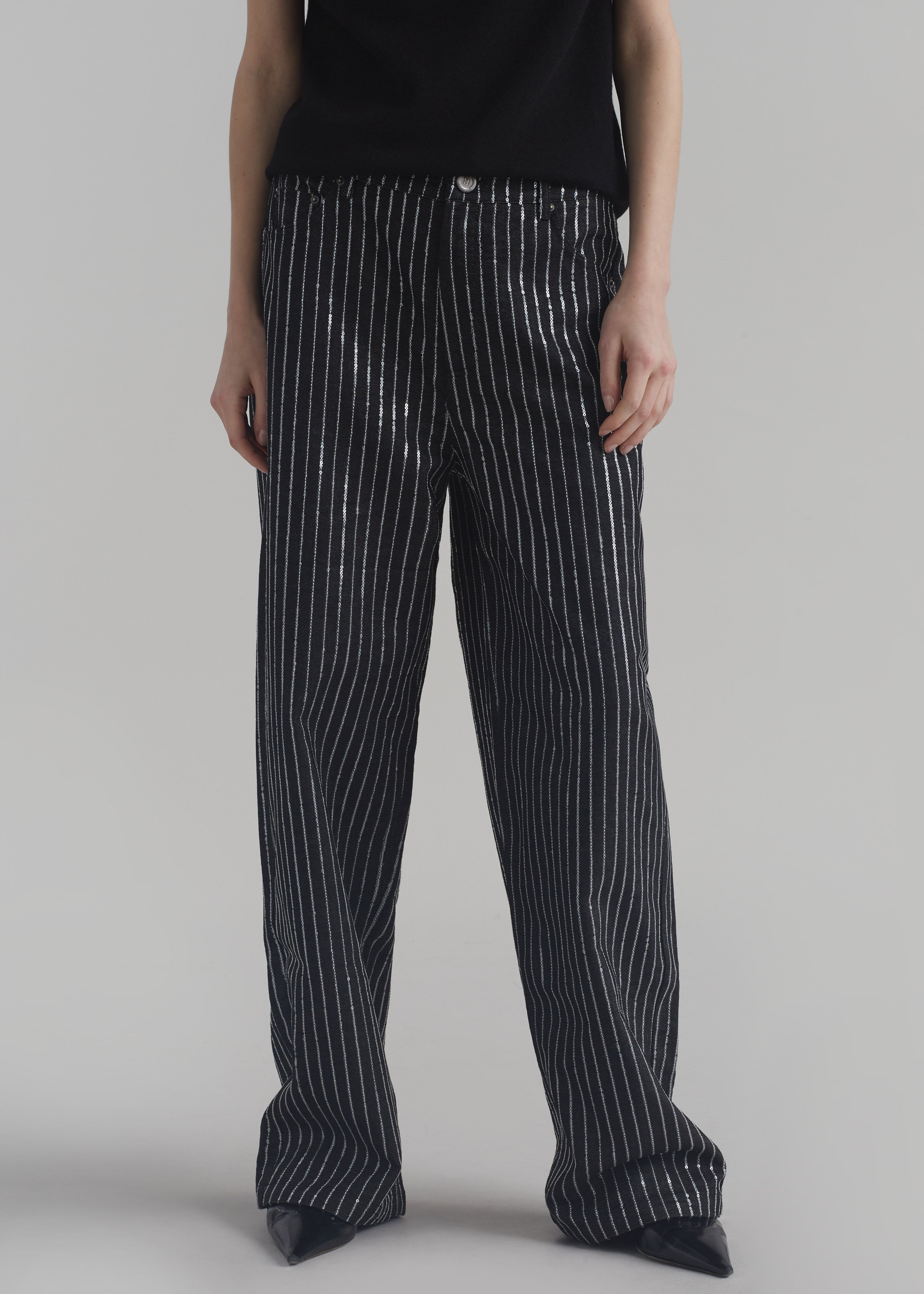 Rotate Sequin Twill Wide Pants - Black - 5