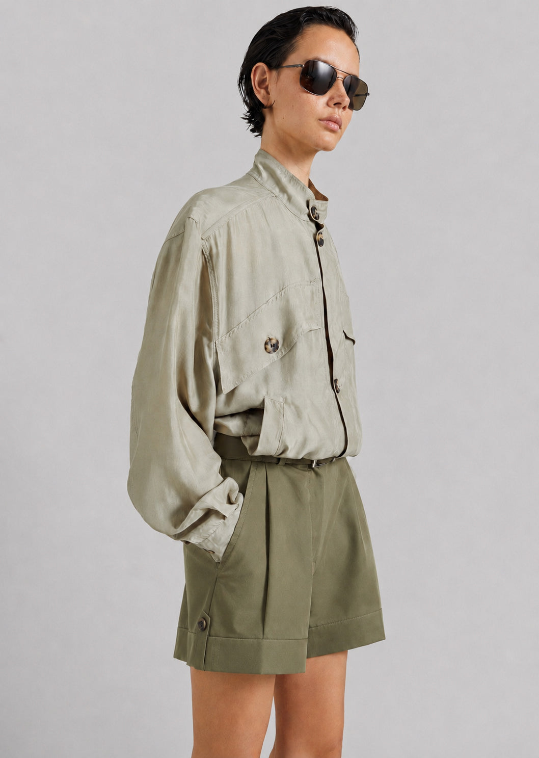 Rozane Pleated Cuff Shorts - Olive - 4