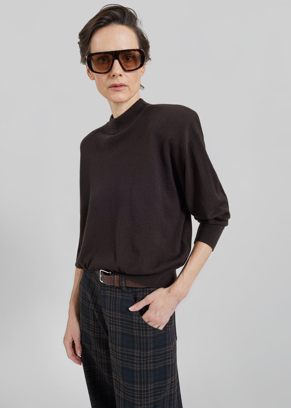 Rue Padded High Neck Sweater - Brown - 1