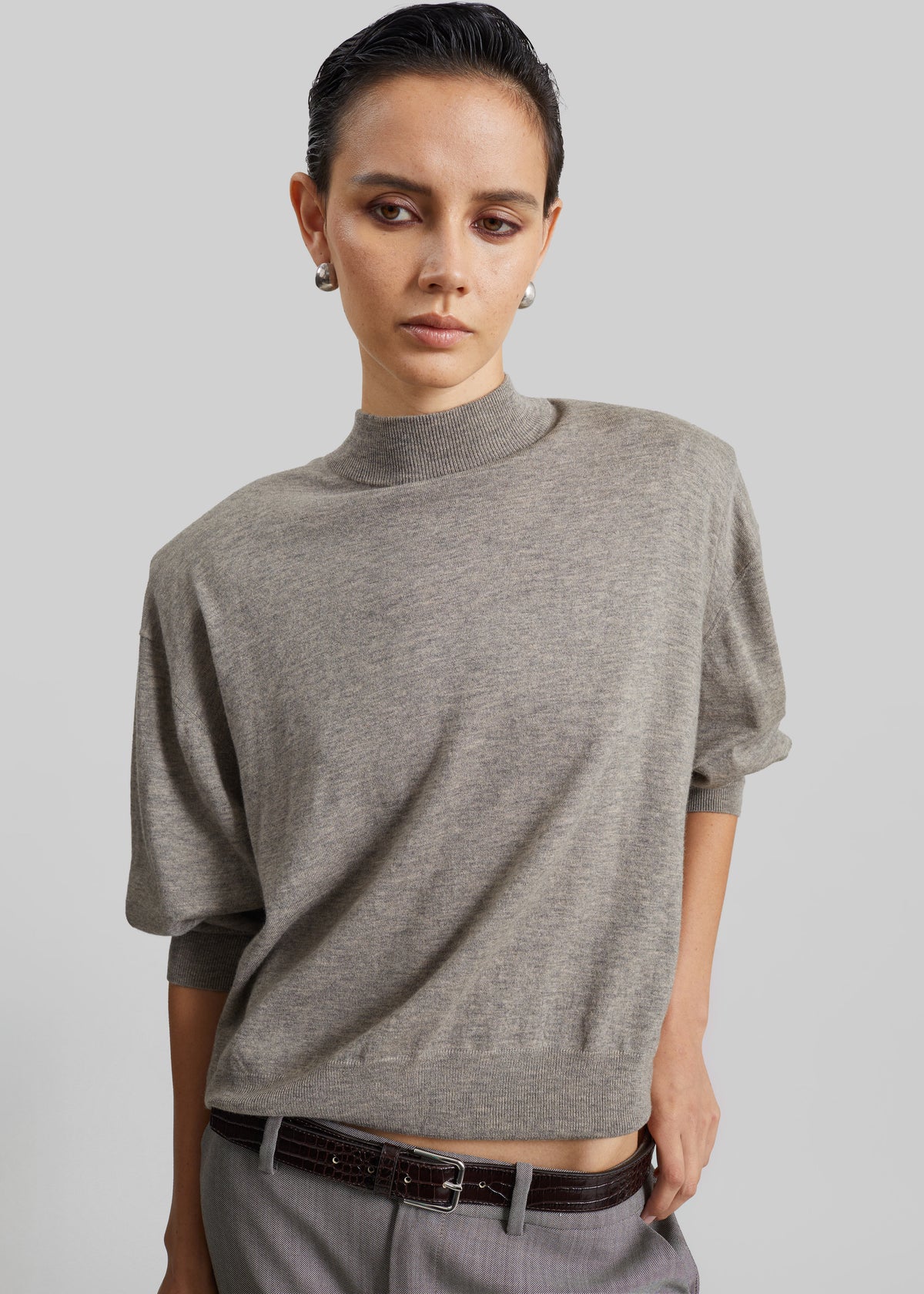 Rue Padded High Neck Sweater - Taupe Melange - 1