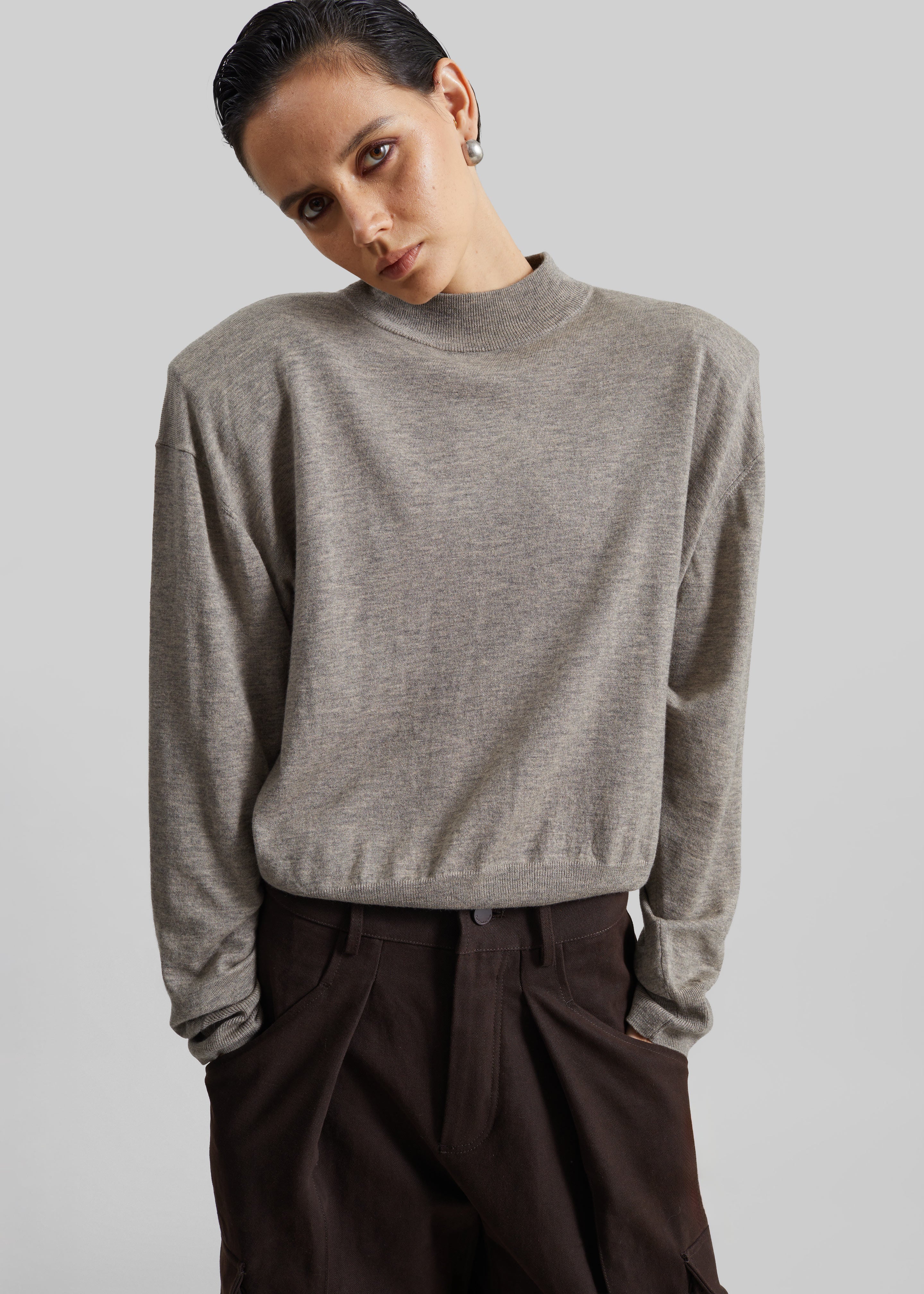 Rue Padded High Neck Sweater - Taupe Melange - 3