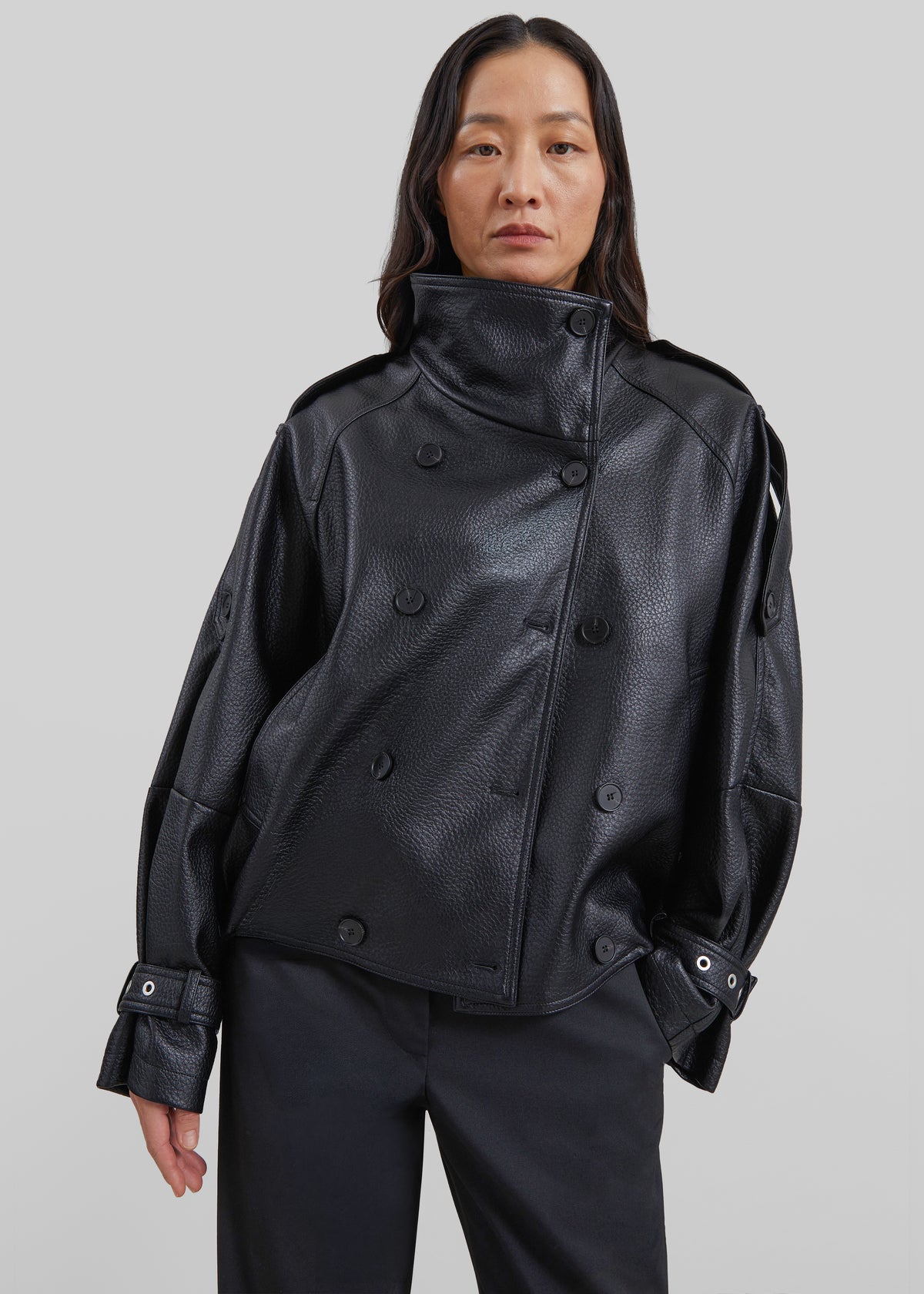 Rufina Double Breasted Faux Leather Jacket - Black