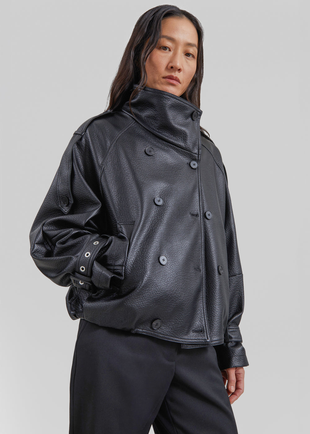 Rufina Double Breasted Faux Leather Jacket - Black - 1