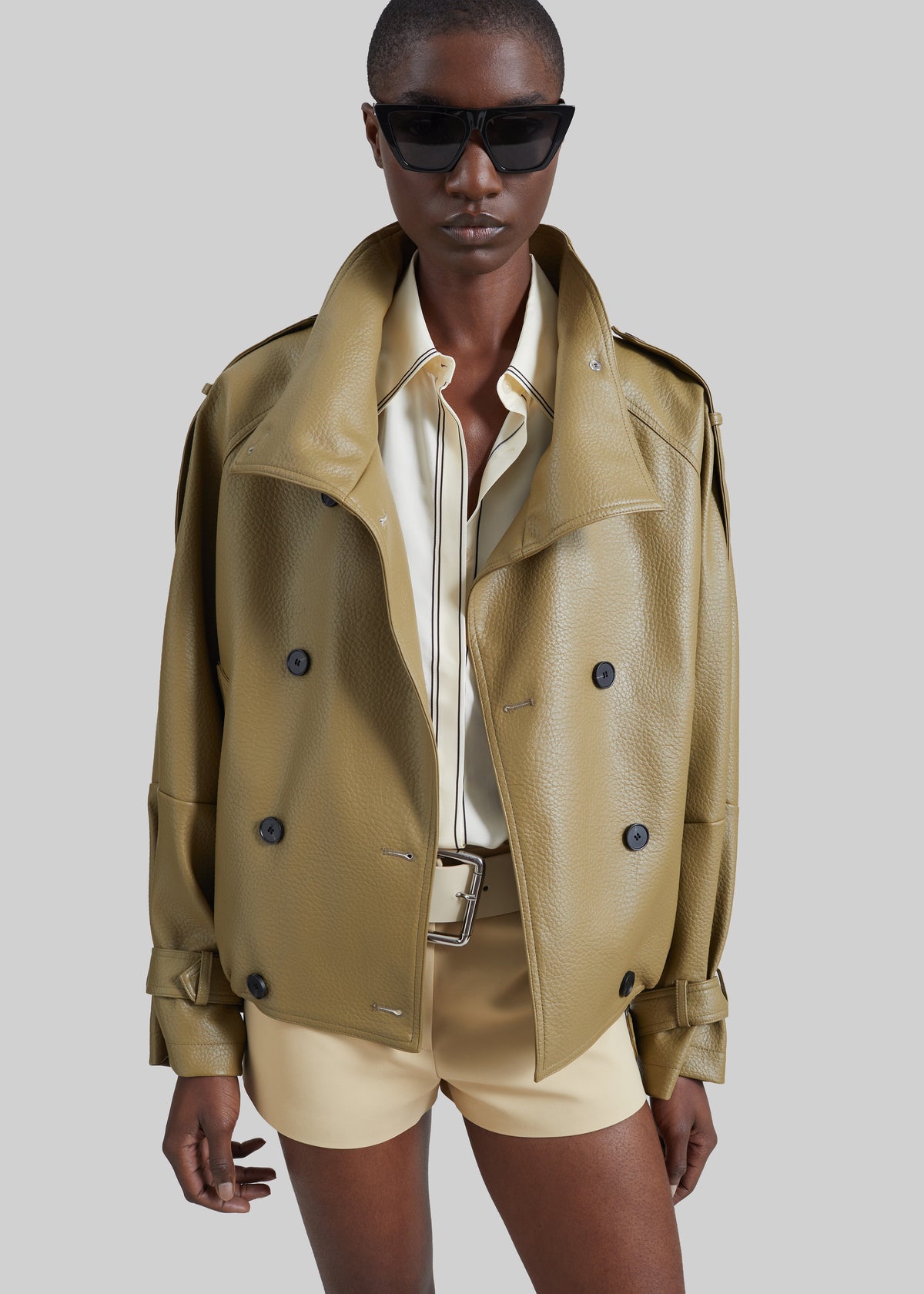 Rufina Double Breasted Faux Leather Jacket - Pale Olive