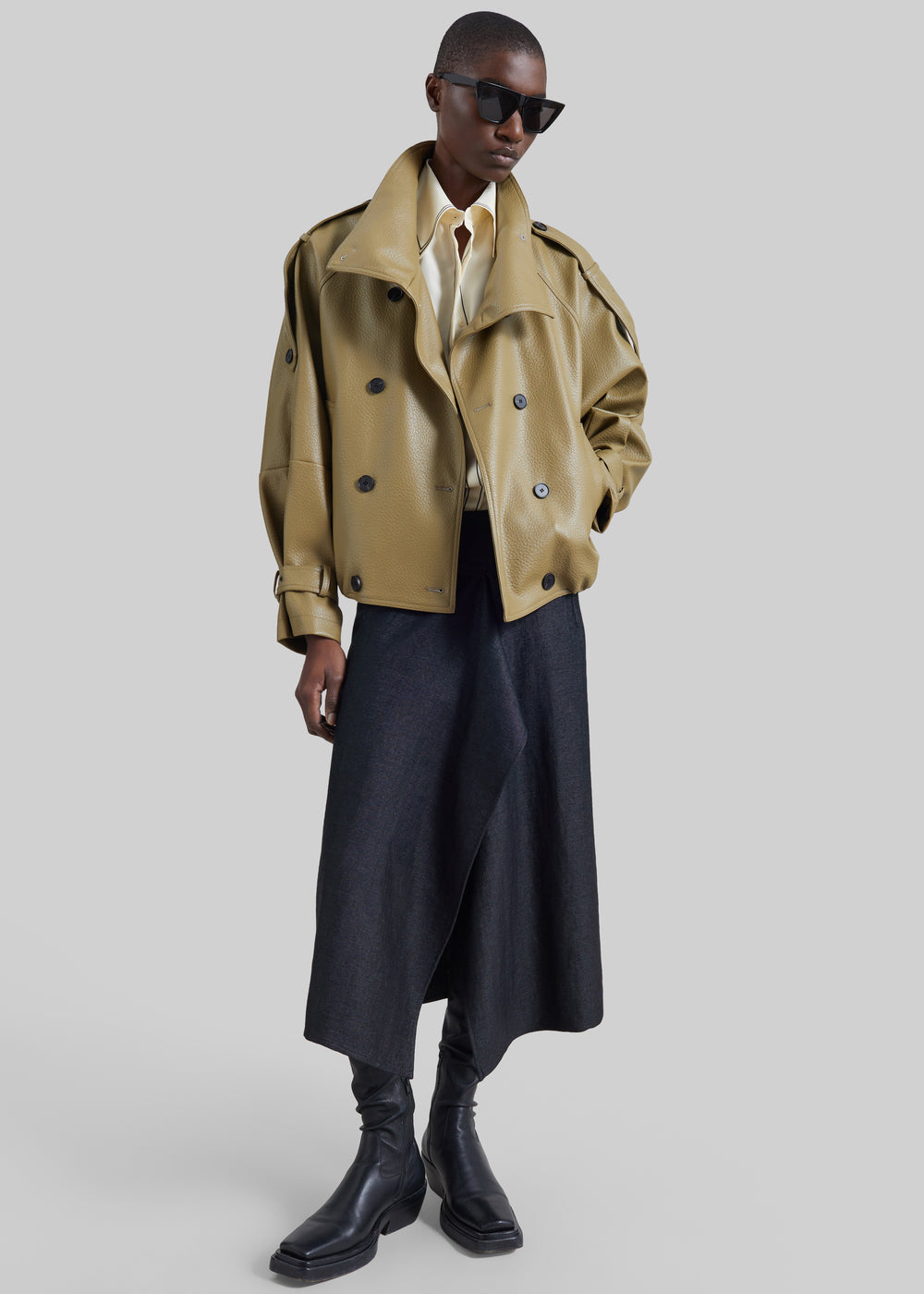 Rufina Double Breasted Faux Leather Jacket - Pale Olive