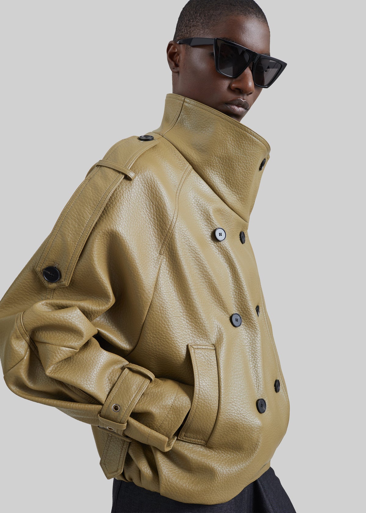 Rufina Double Breasted Faux Leather Jacket - Pale Olive