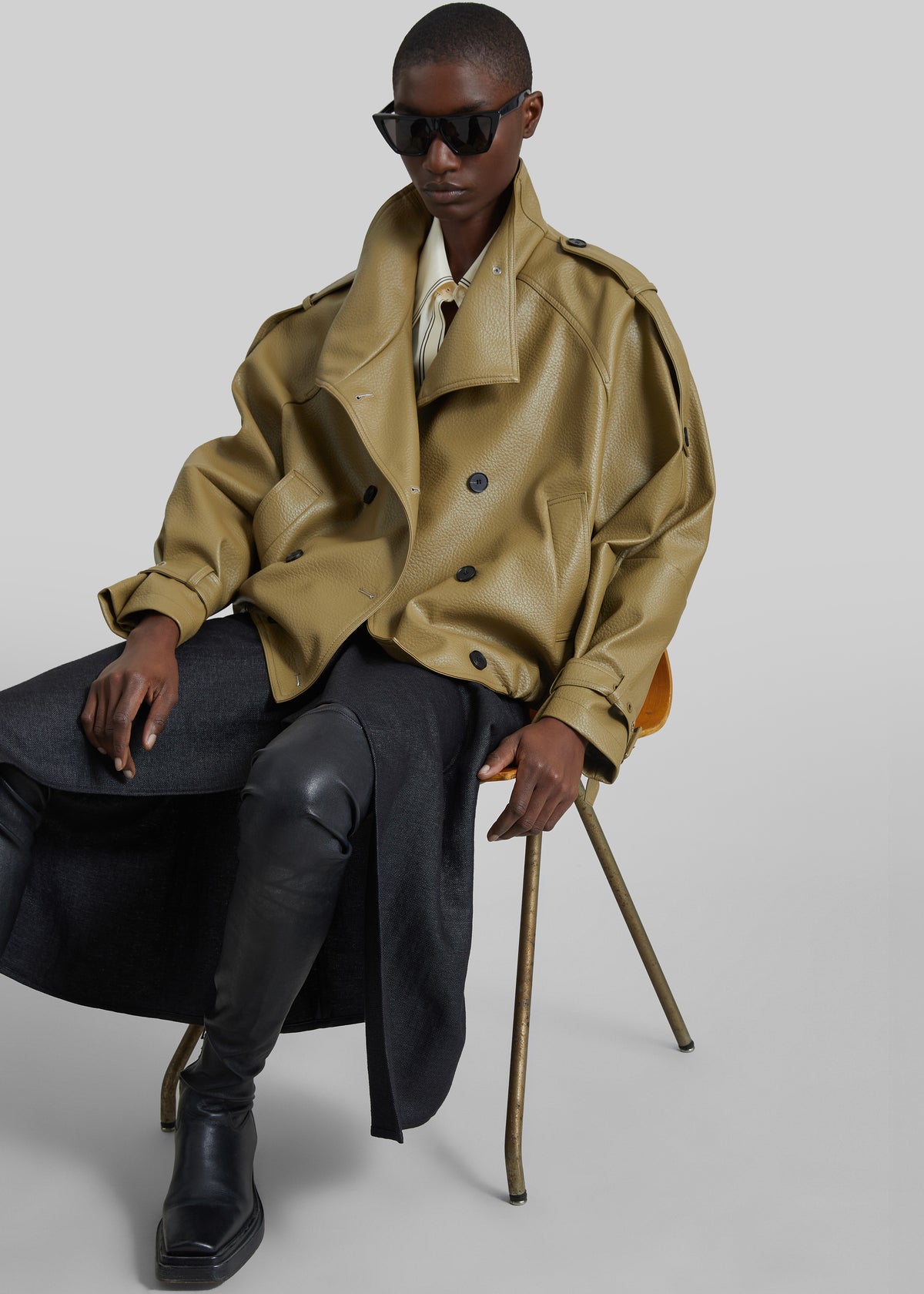 Rufina Double Breasted Faux Leather Jacket - Pale Olive