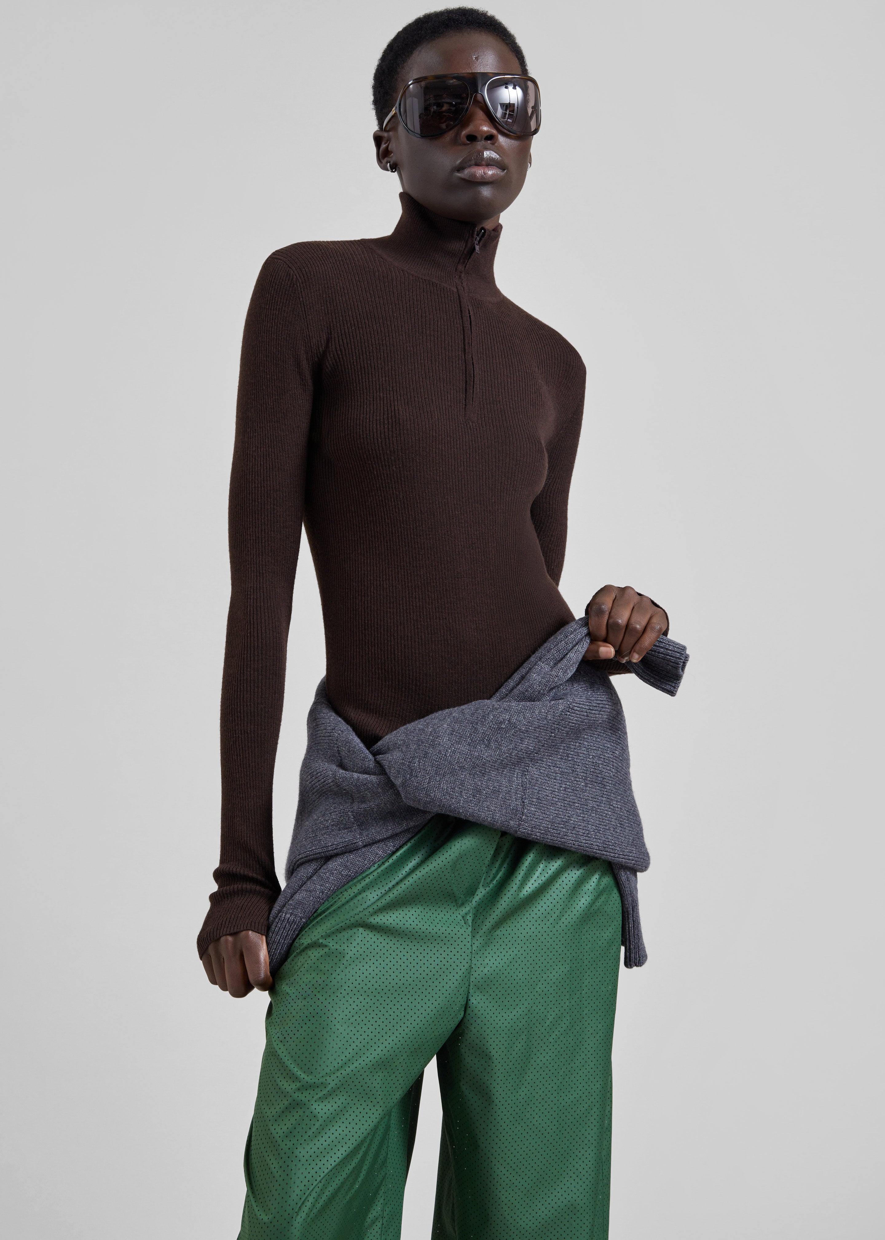 Sade Knit Zip Sweater - Brown/Burgundy - 2