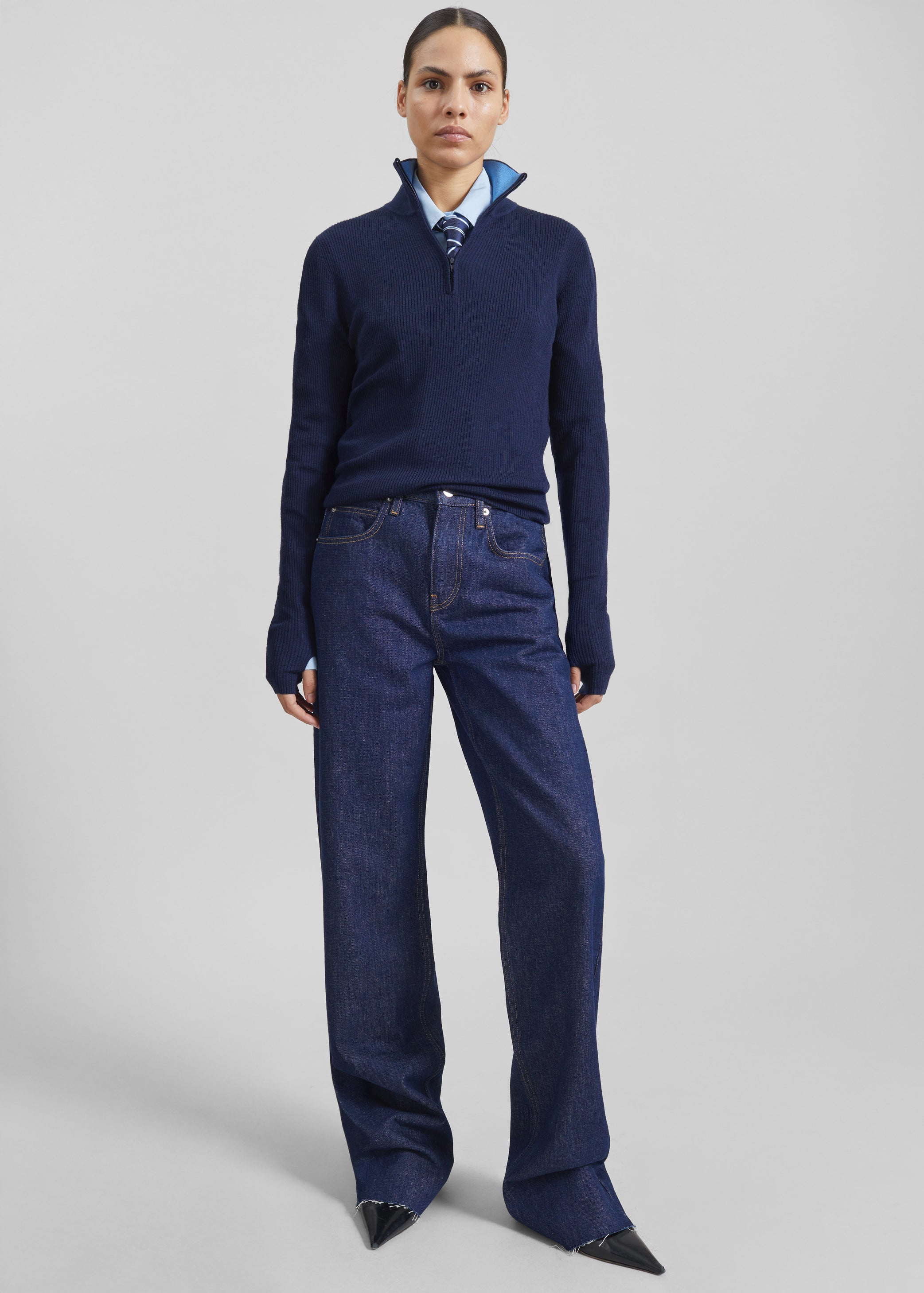 Shop the look image for Sade Knit Zip Sweater - Dark Navy/Light Blue
