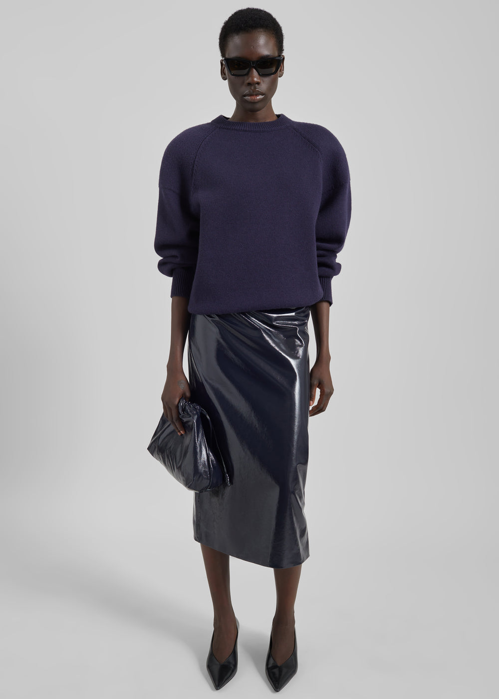 Samantha Crackled Faux Leather Zip Skirt - Dark Navy - 1