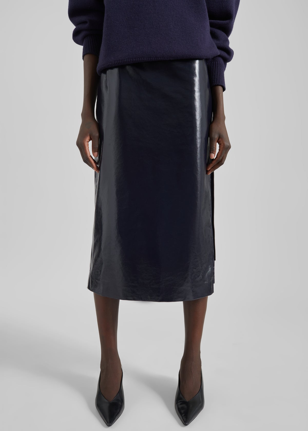 Samantha Crackled Faux Leather Zip Skirt - Dark Navy