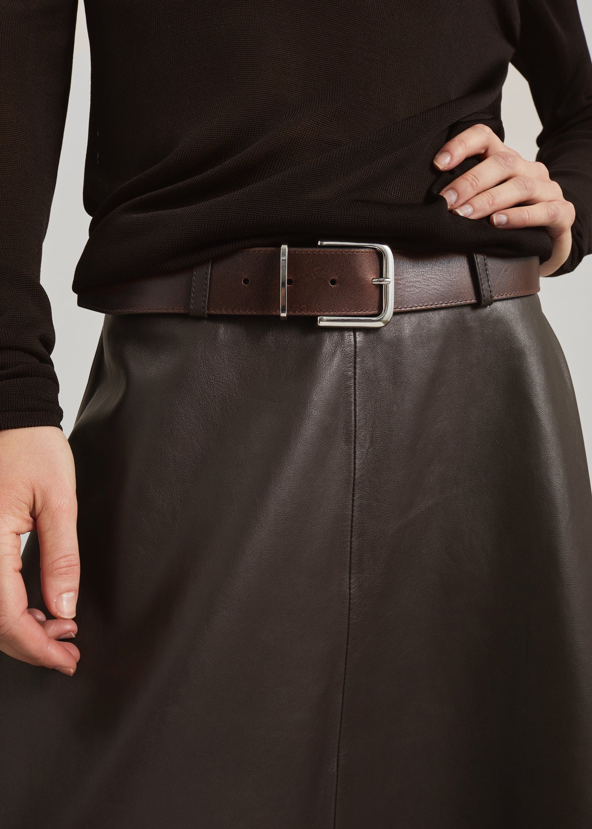 Sarno Leather Belt - Brown/Silver - 1