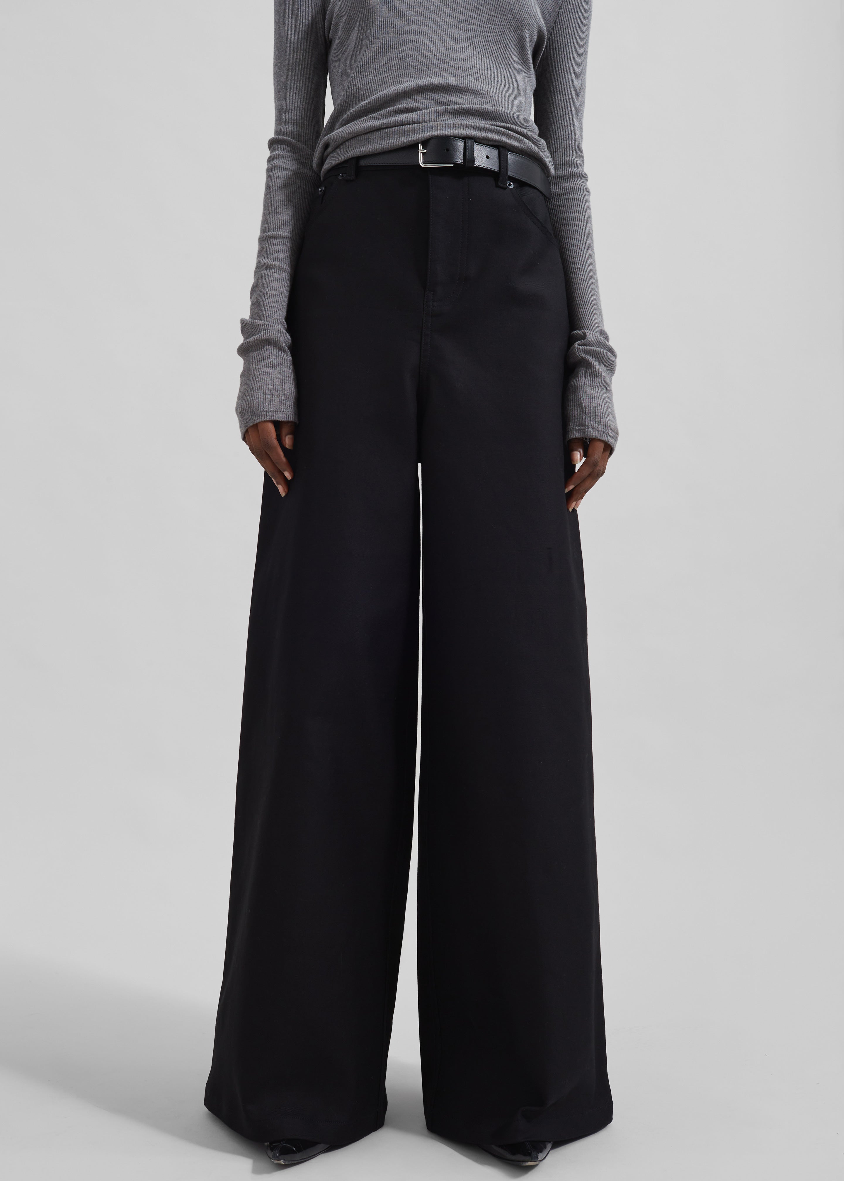 Sasha Wide Leg Twill Pants - Black - 3