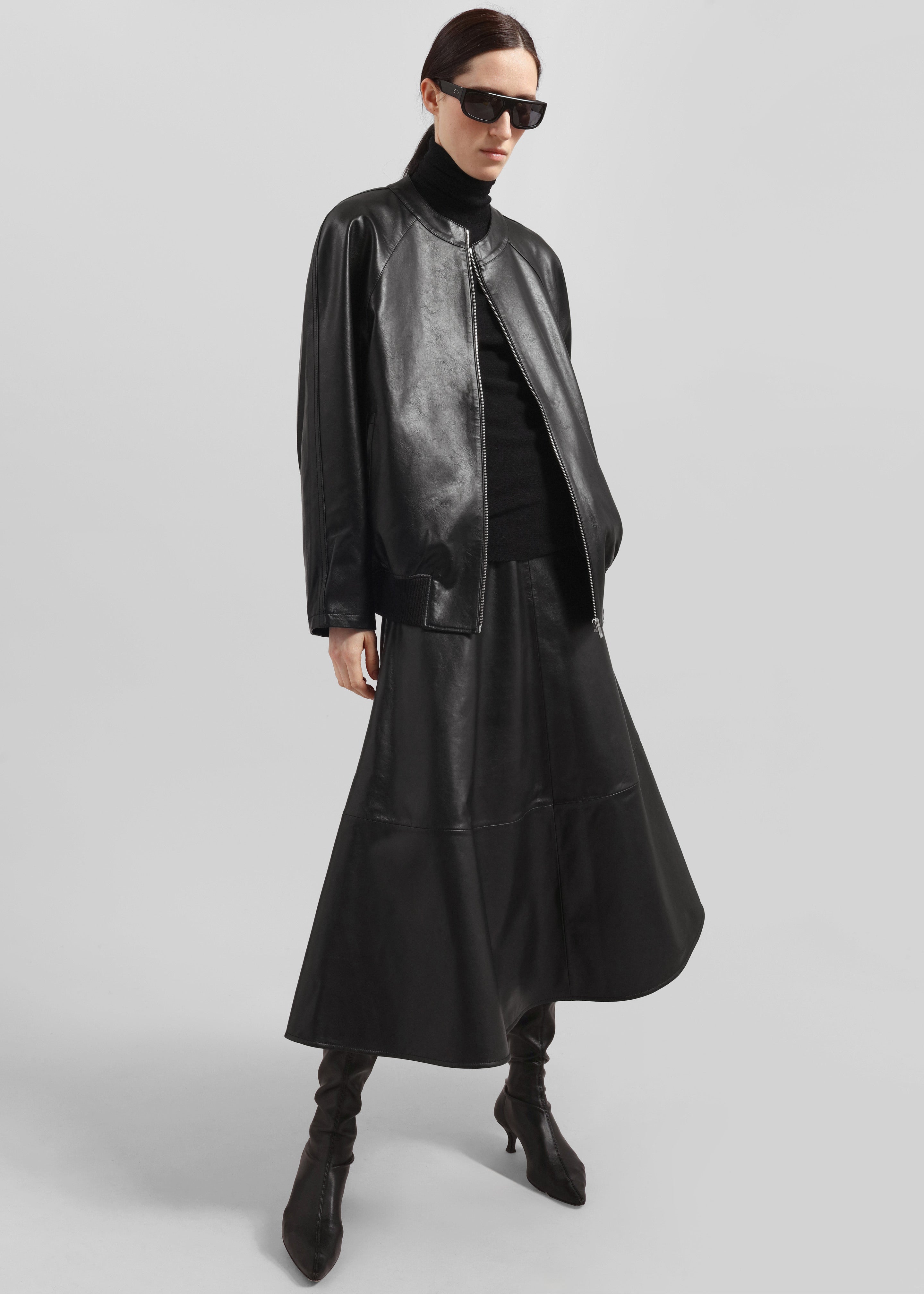 Savil Leather Midi Skirt - Black - 1