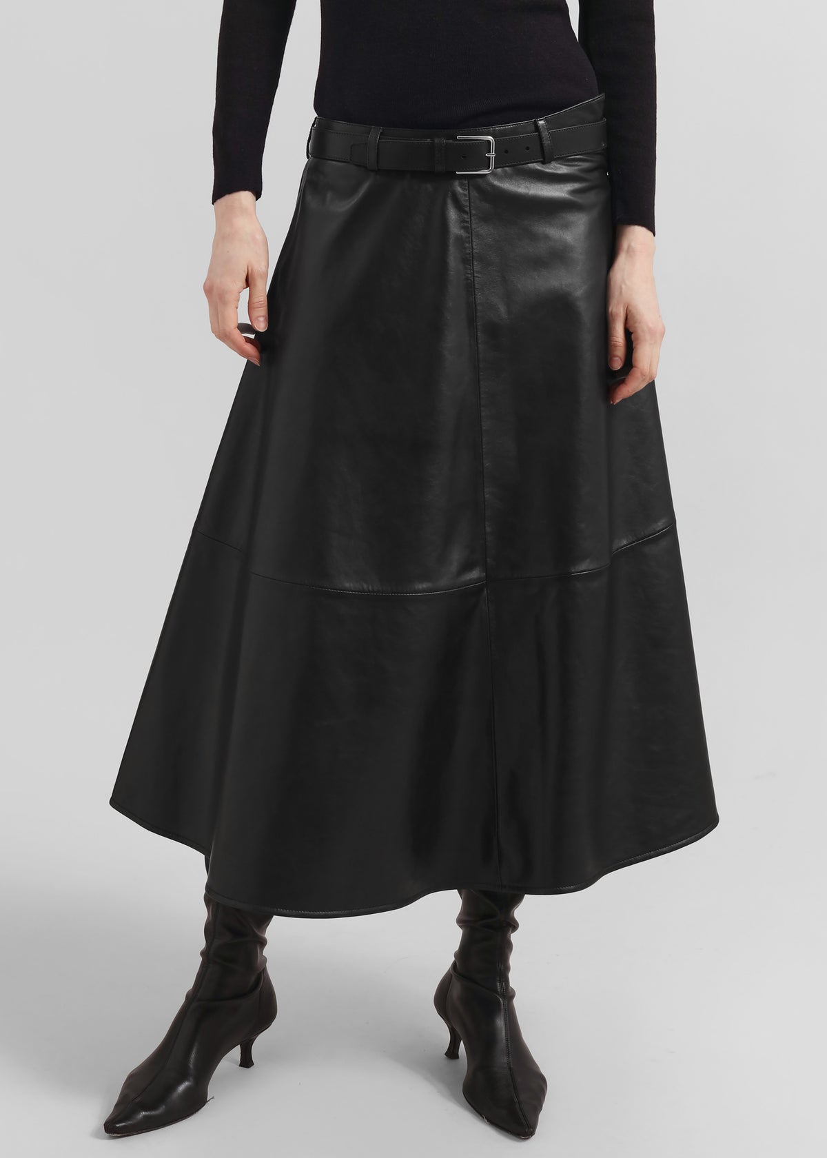Savil Leather Midi Skirt - Black - 3