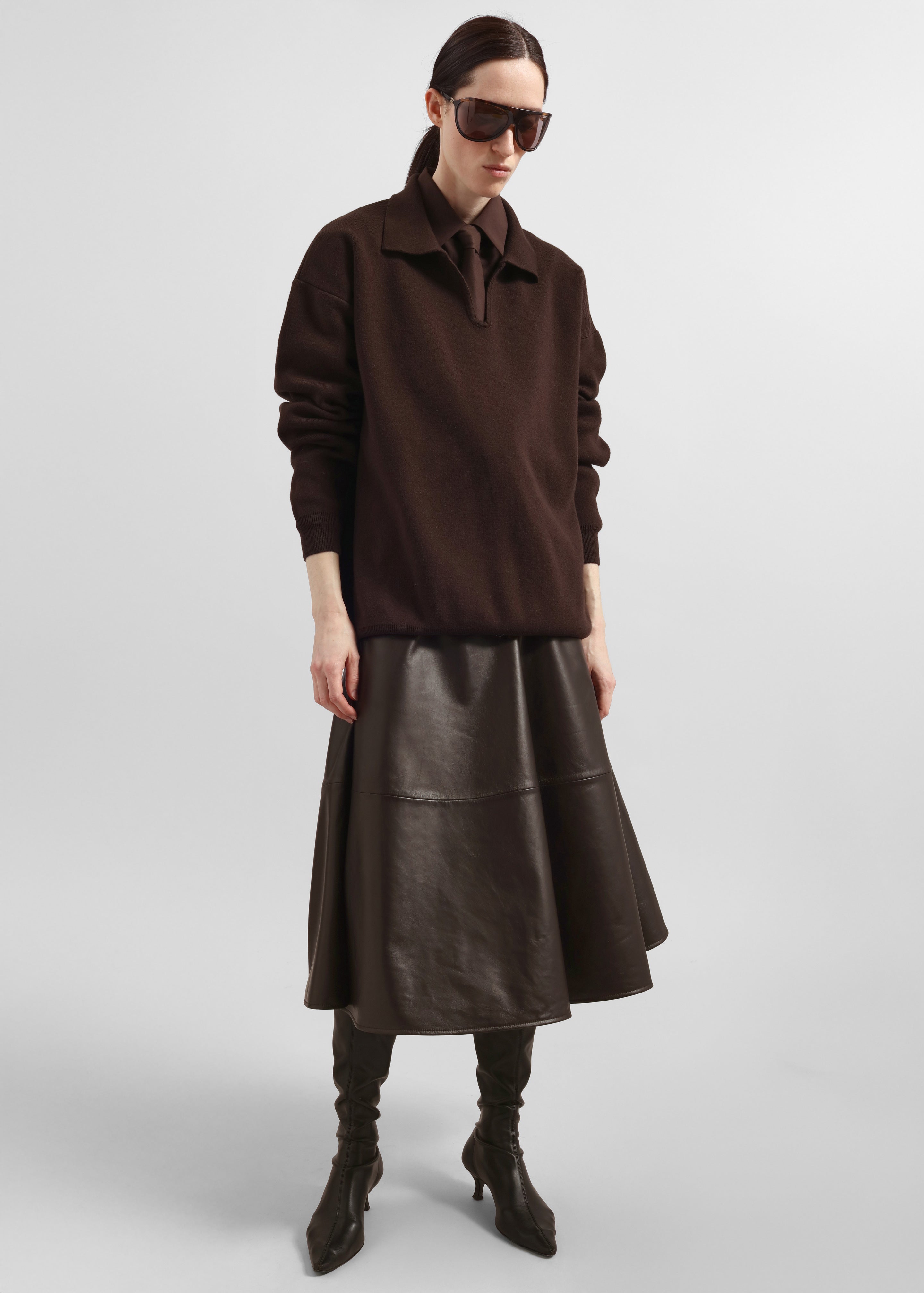 Savil Leather Midi Skirt - Dark Brown - 6