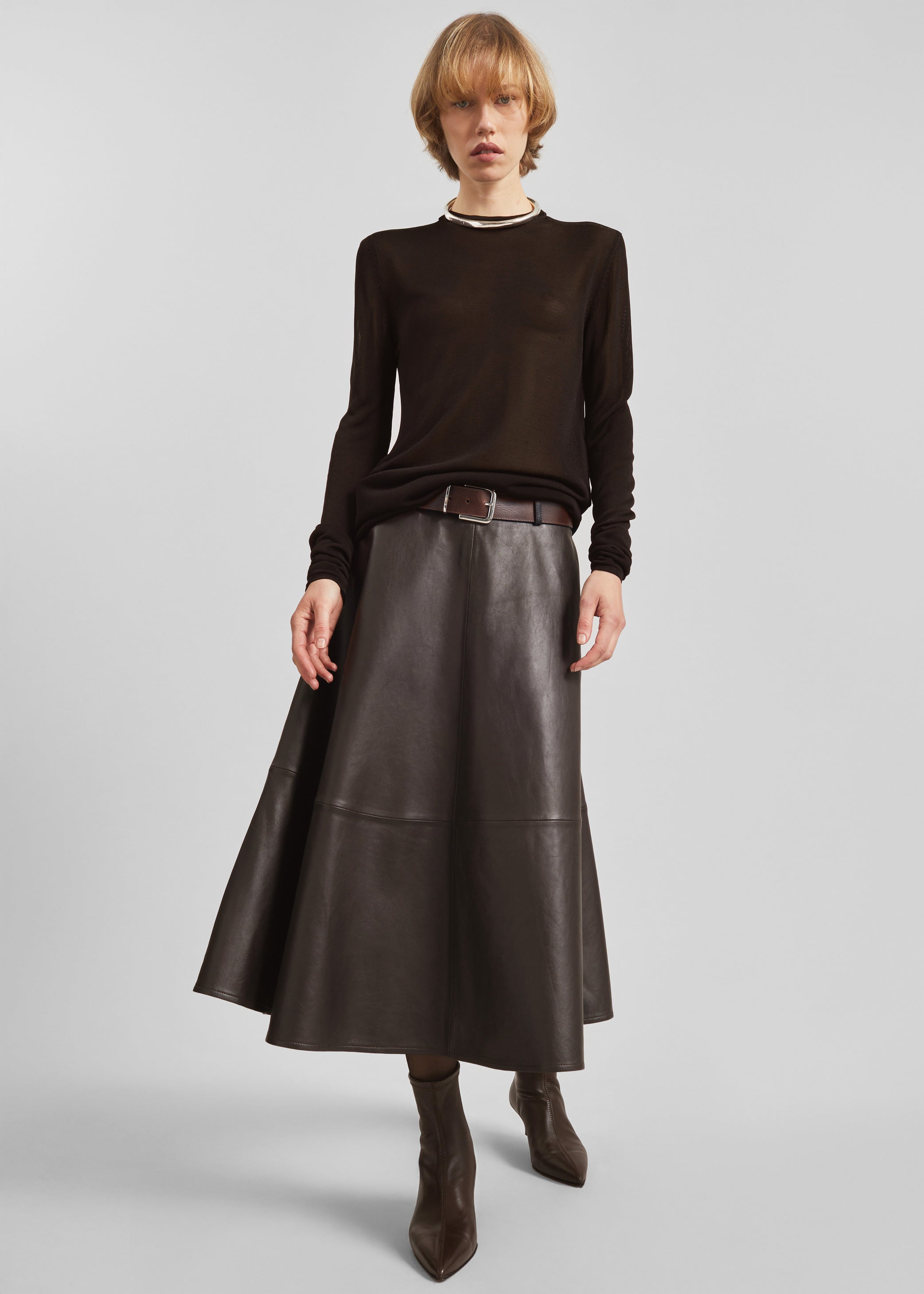Shop the look image for Savil Leather Midi Skirt - Dark Brown