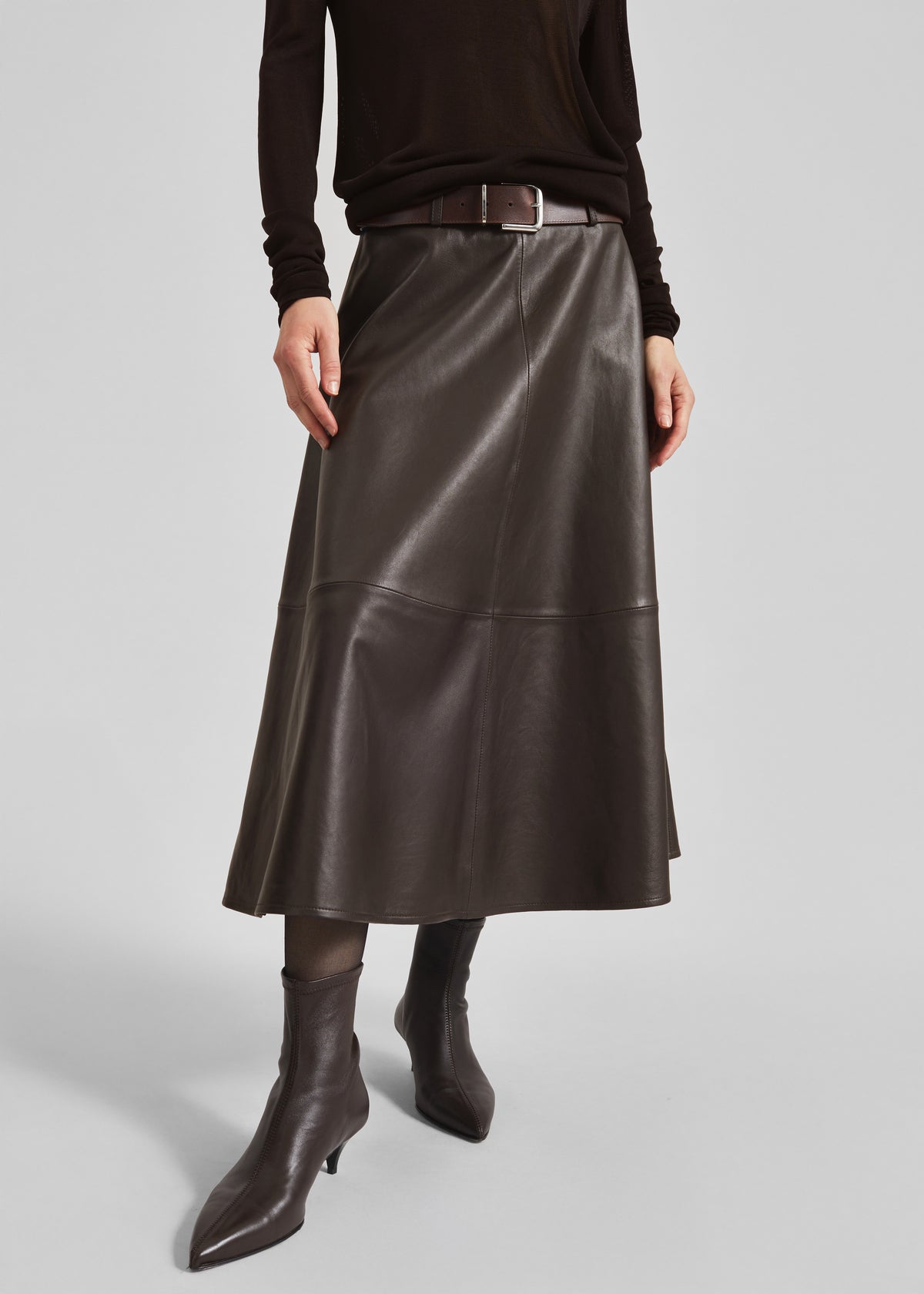 Savil Leather Midi Skirt - Dark Brown - 2