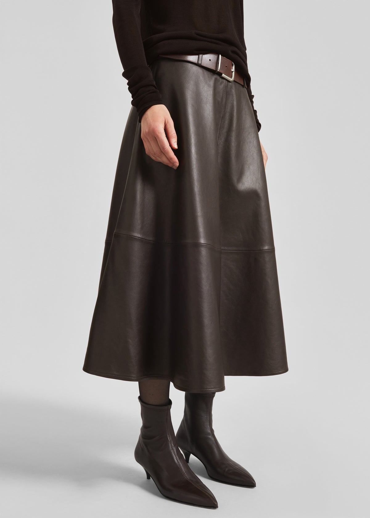 Savil Leather Midi Skirt - Dark Brown - 3