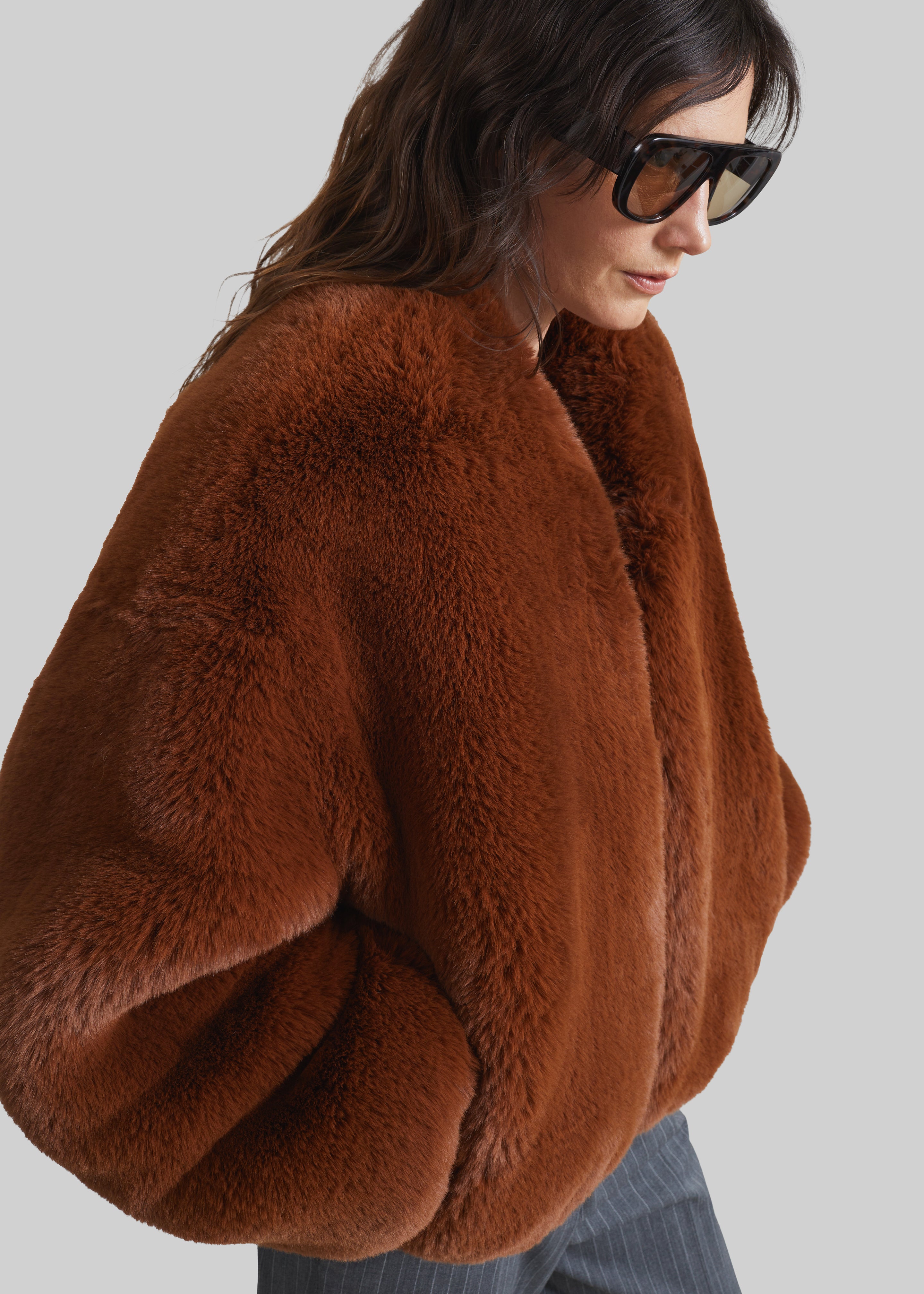 Senna Faux Fur Collarless Jacket - Bronze - 5
