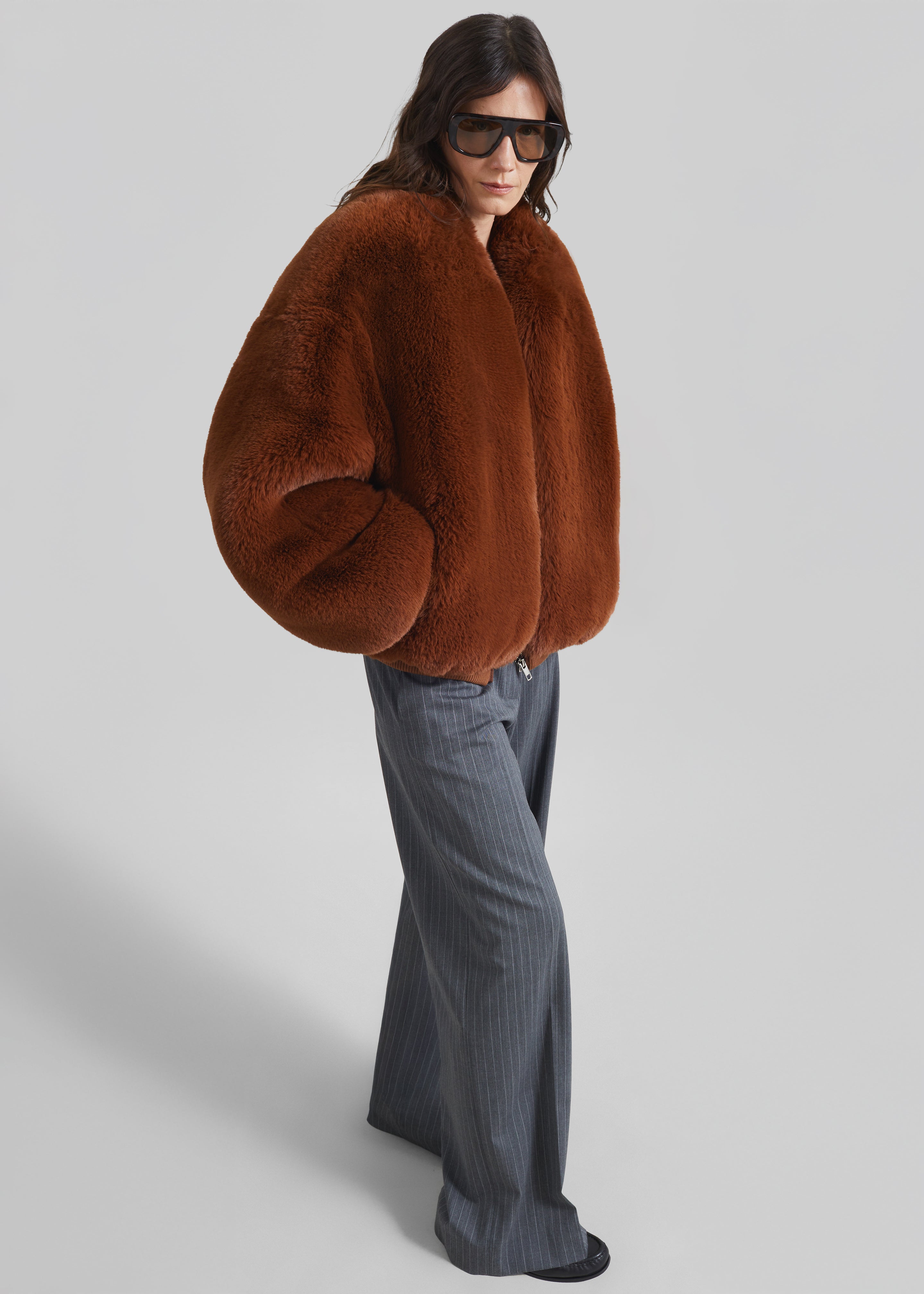 Senna Faux Fur Collarless Jacket - Bronze - 2