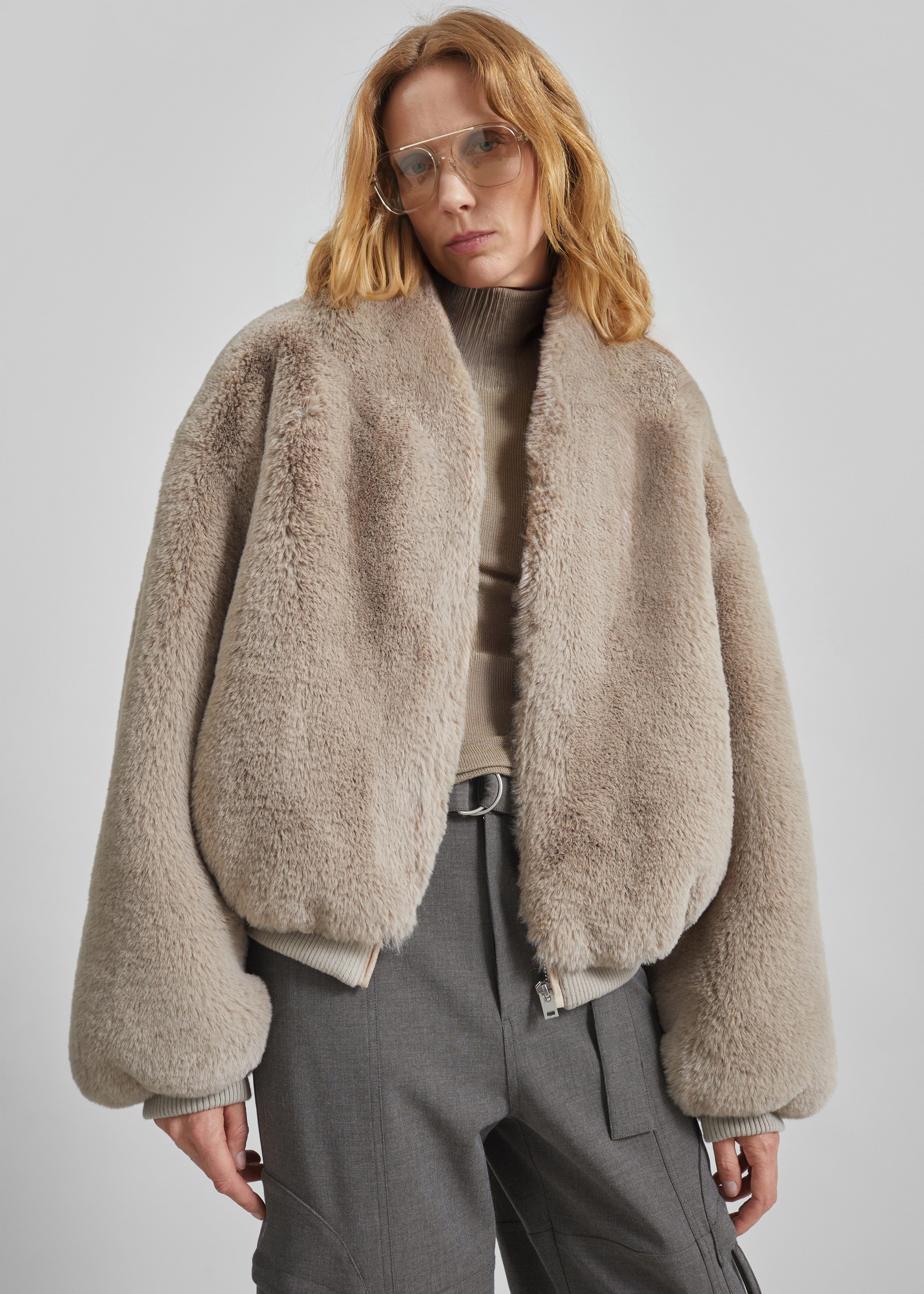 Senna Faux Fur Collarless Jacket - Light Taupe - 5