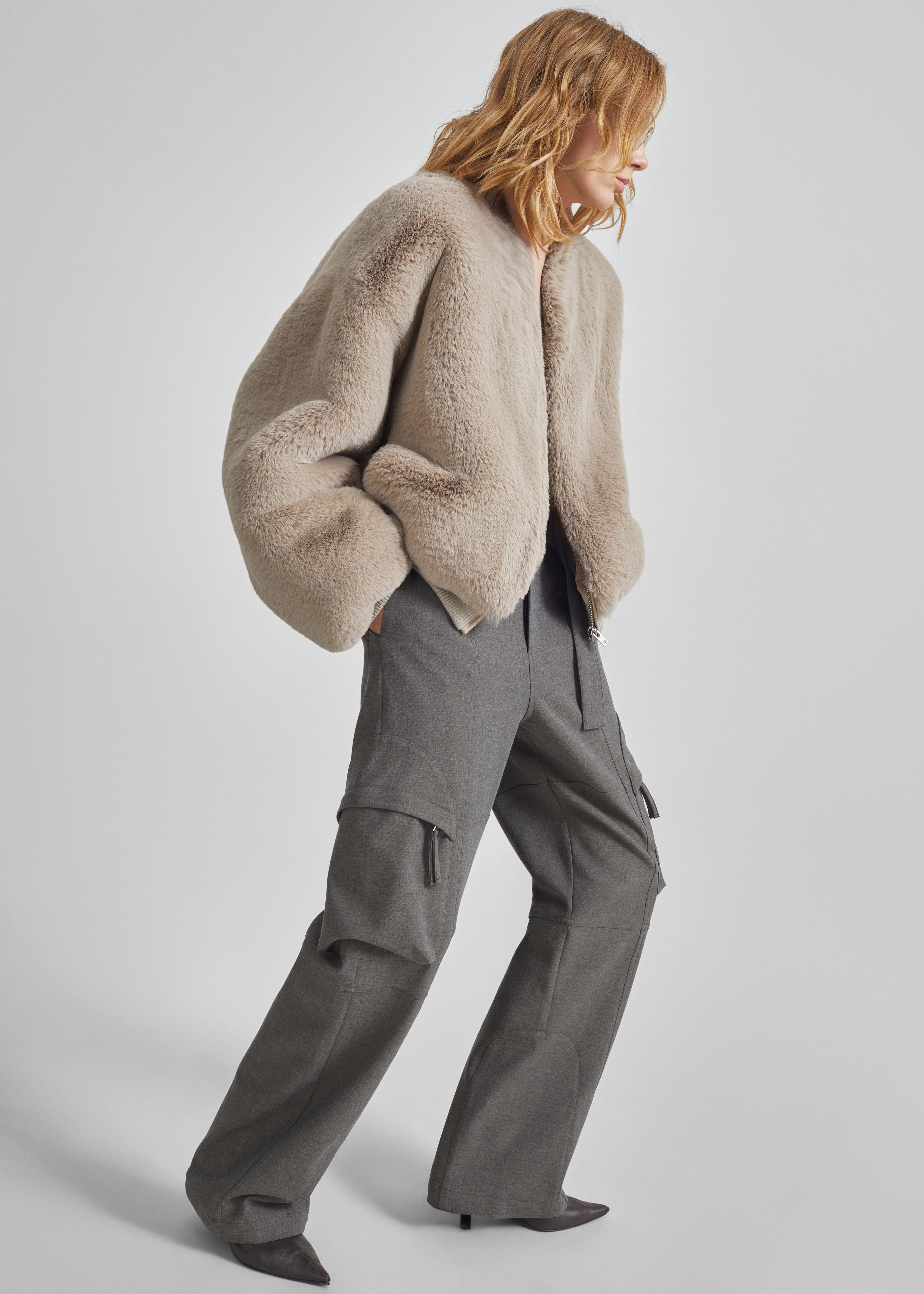 Senna Faux Fur Collarless Jacket - Light Taupe - 6
