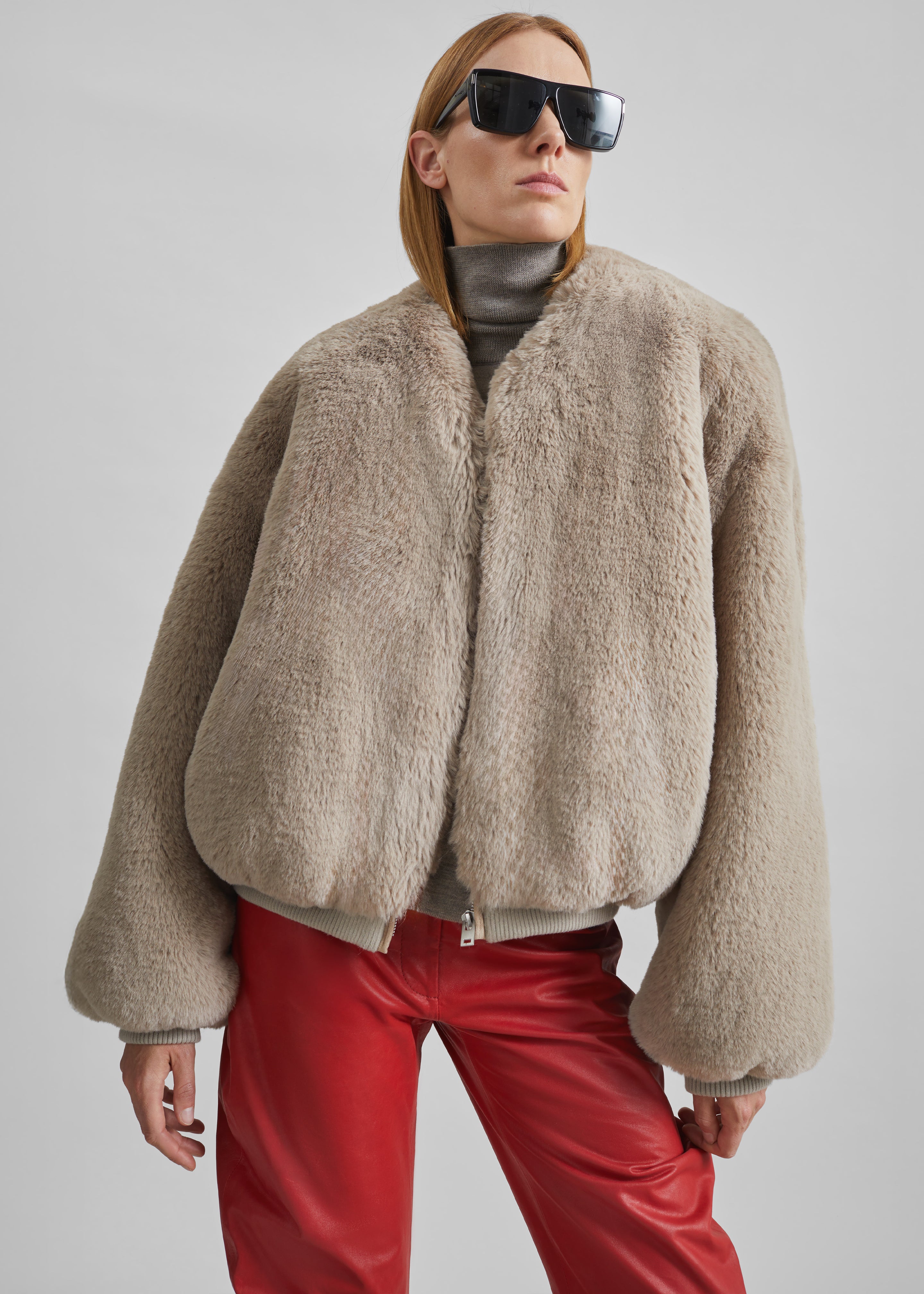 Senna Faux Fur Collarless Jacket - Light Taupe - 2