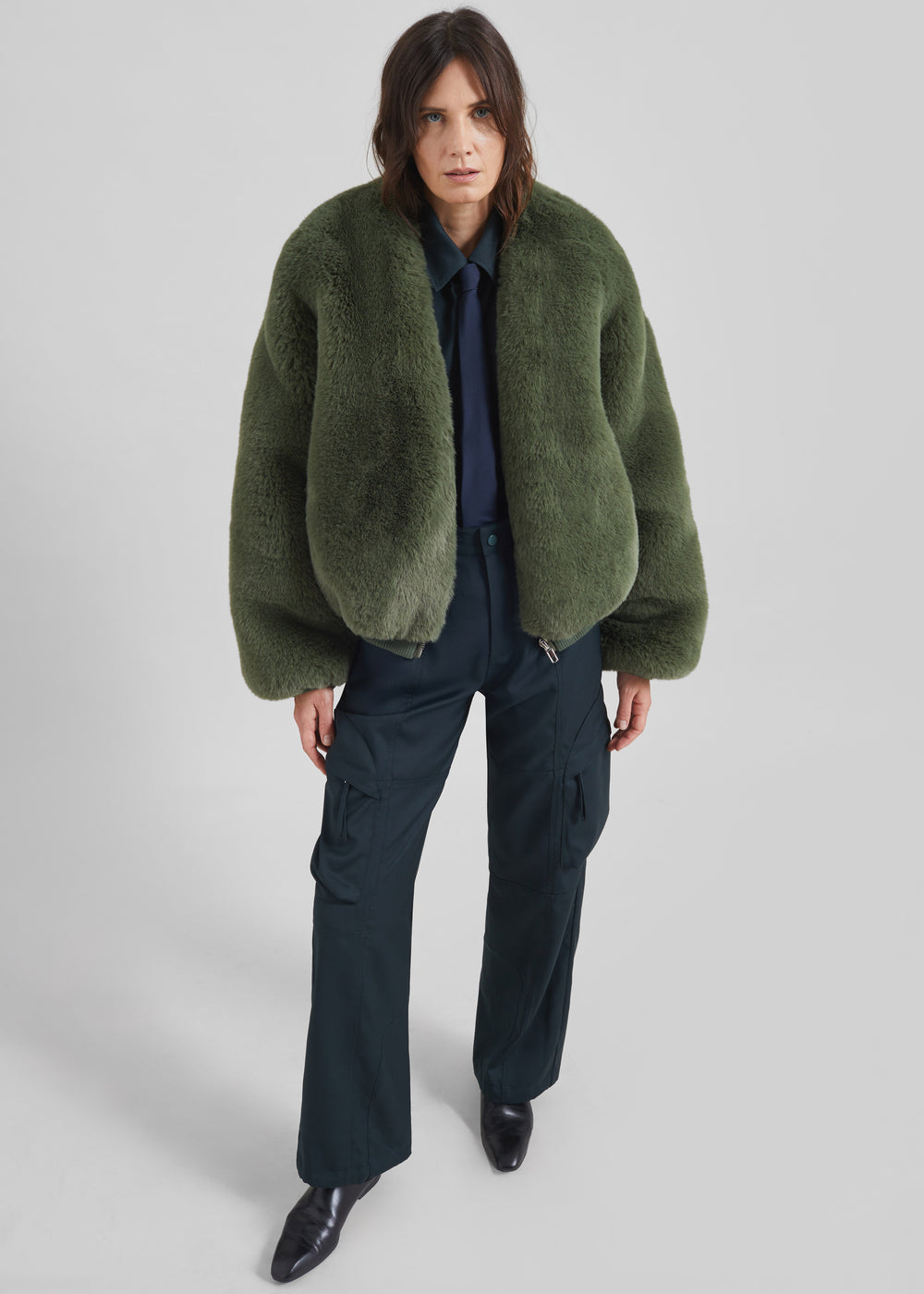 Senna Faux Fur Collarless Jacket - Moss Green - 1