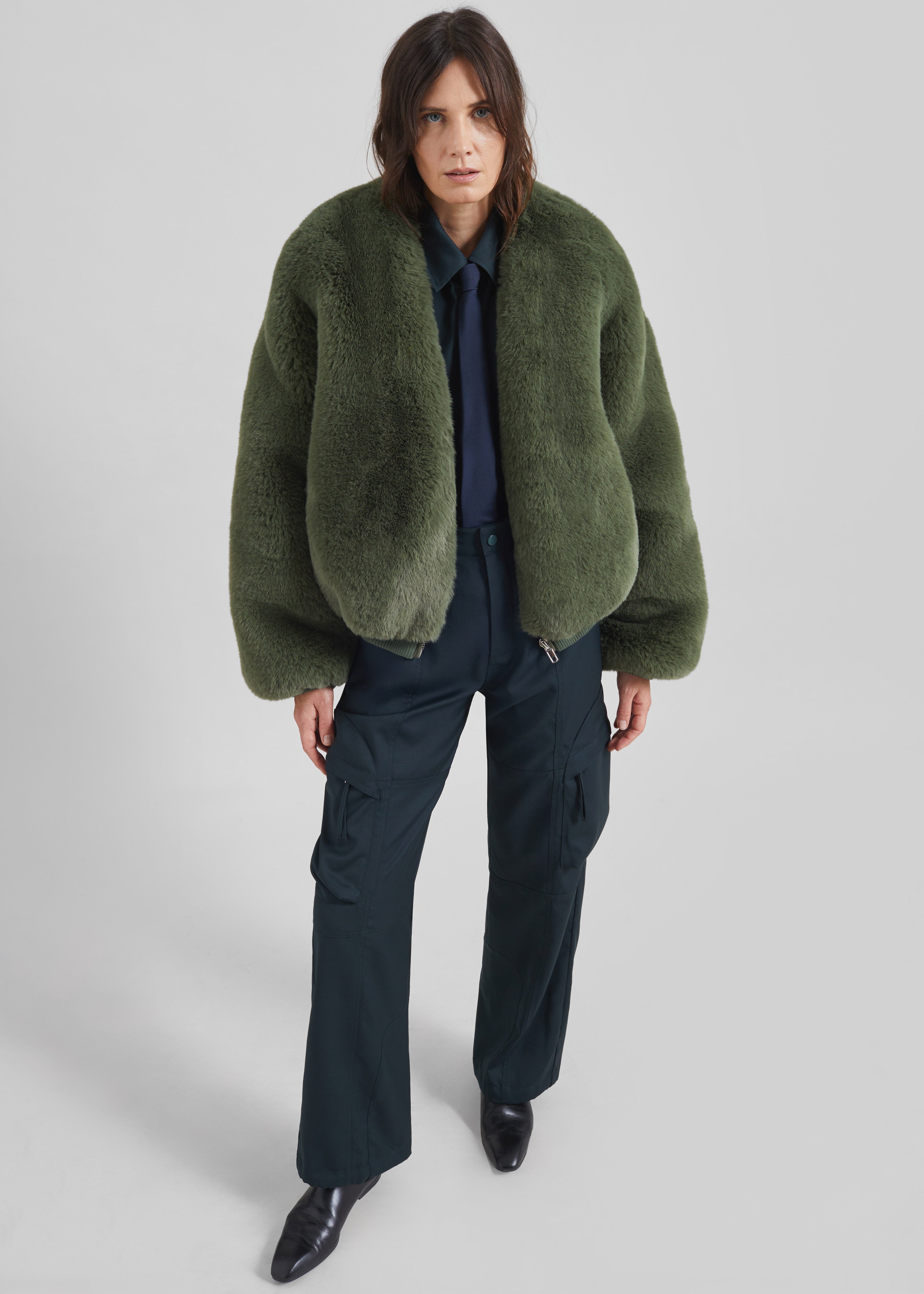 Senna Faux Fur Collarless Jacket - Moss Green - 2