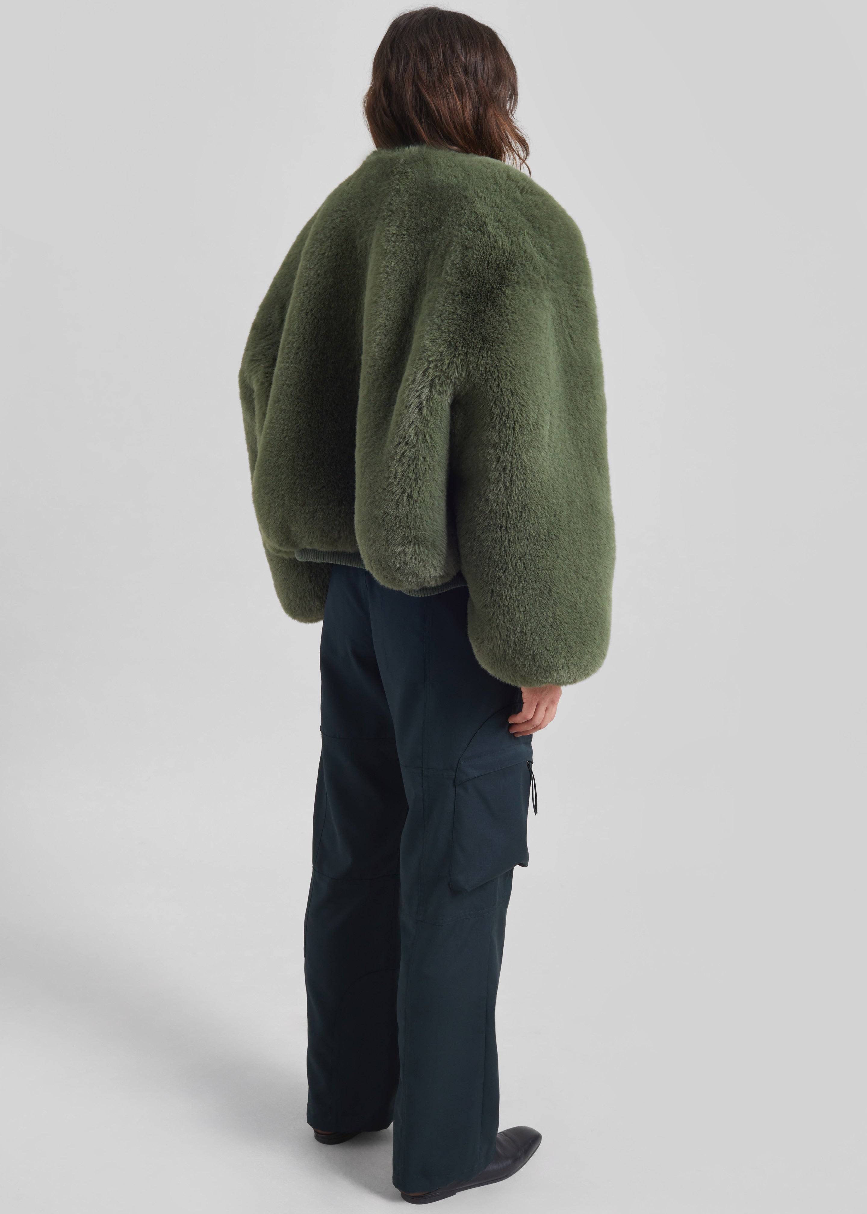 Senna Faux Fur Collarless Jacket - Moss Green - 6