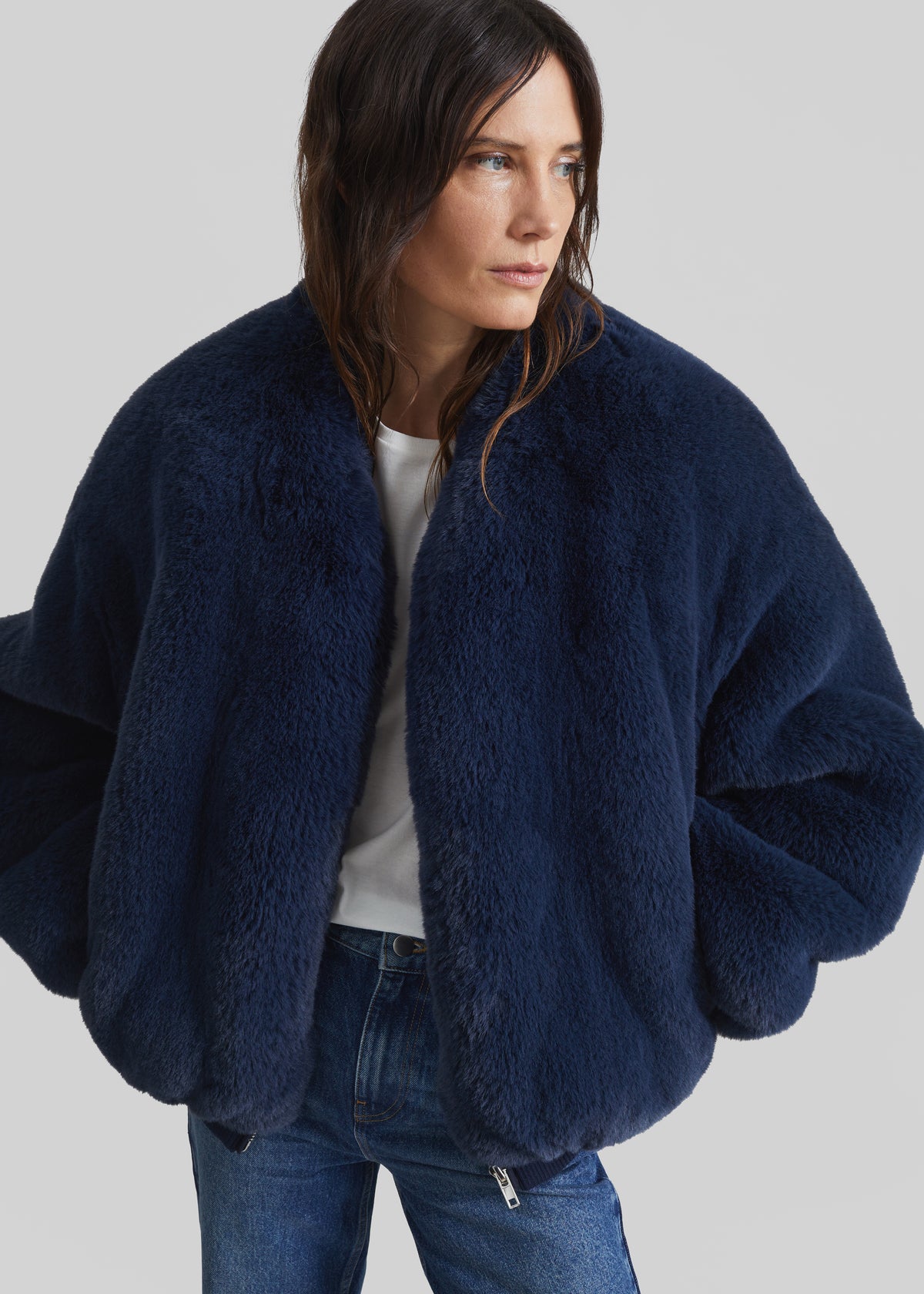 Senna Faux Fur Collarless Jacket - Navy - 3