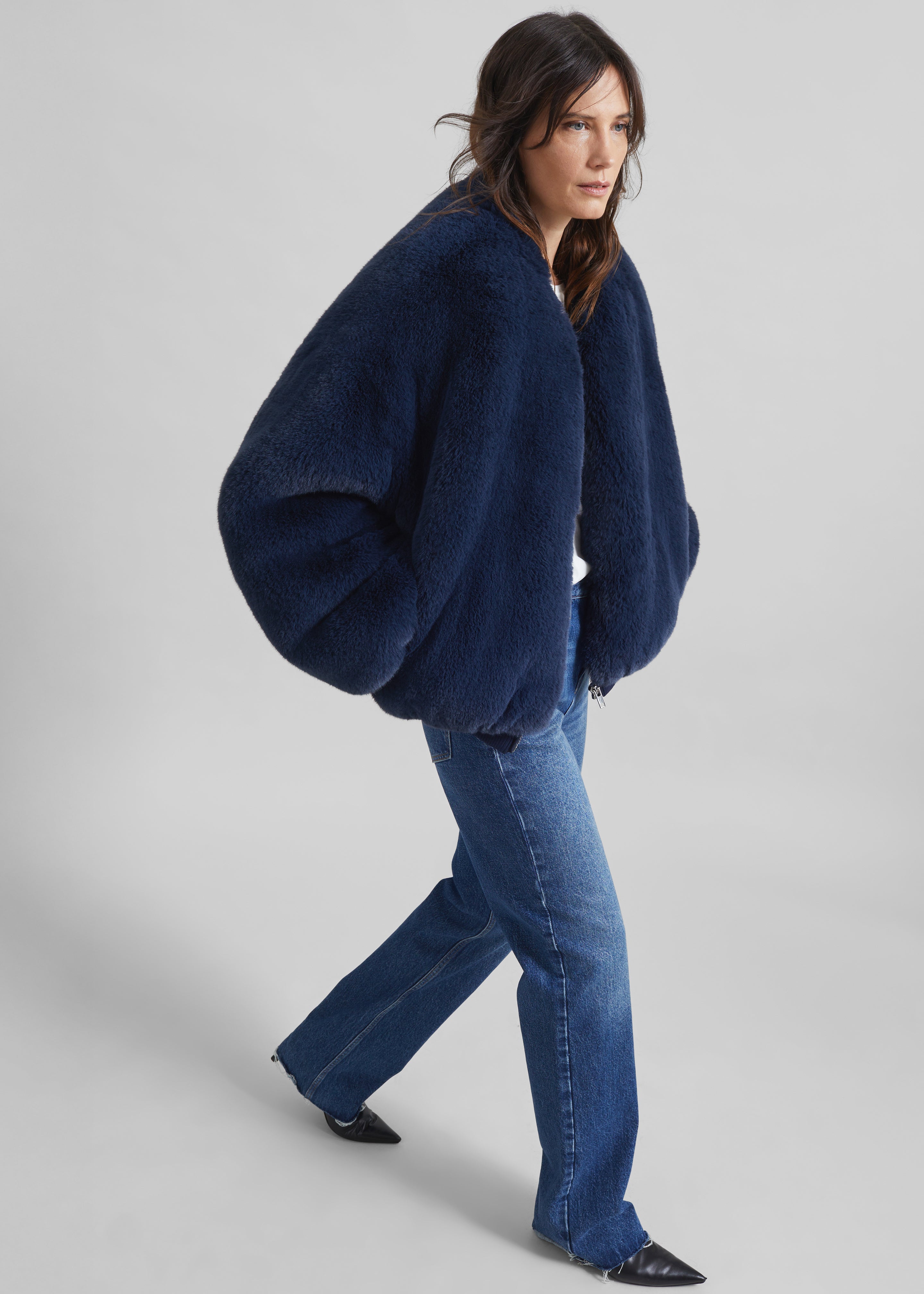 Senna Faux Fur Collarless Jacket - Navy - 2