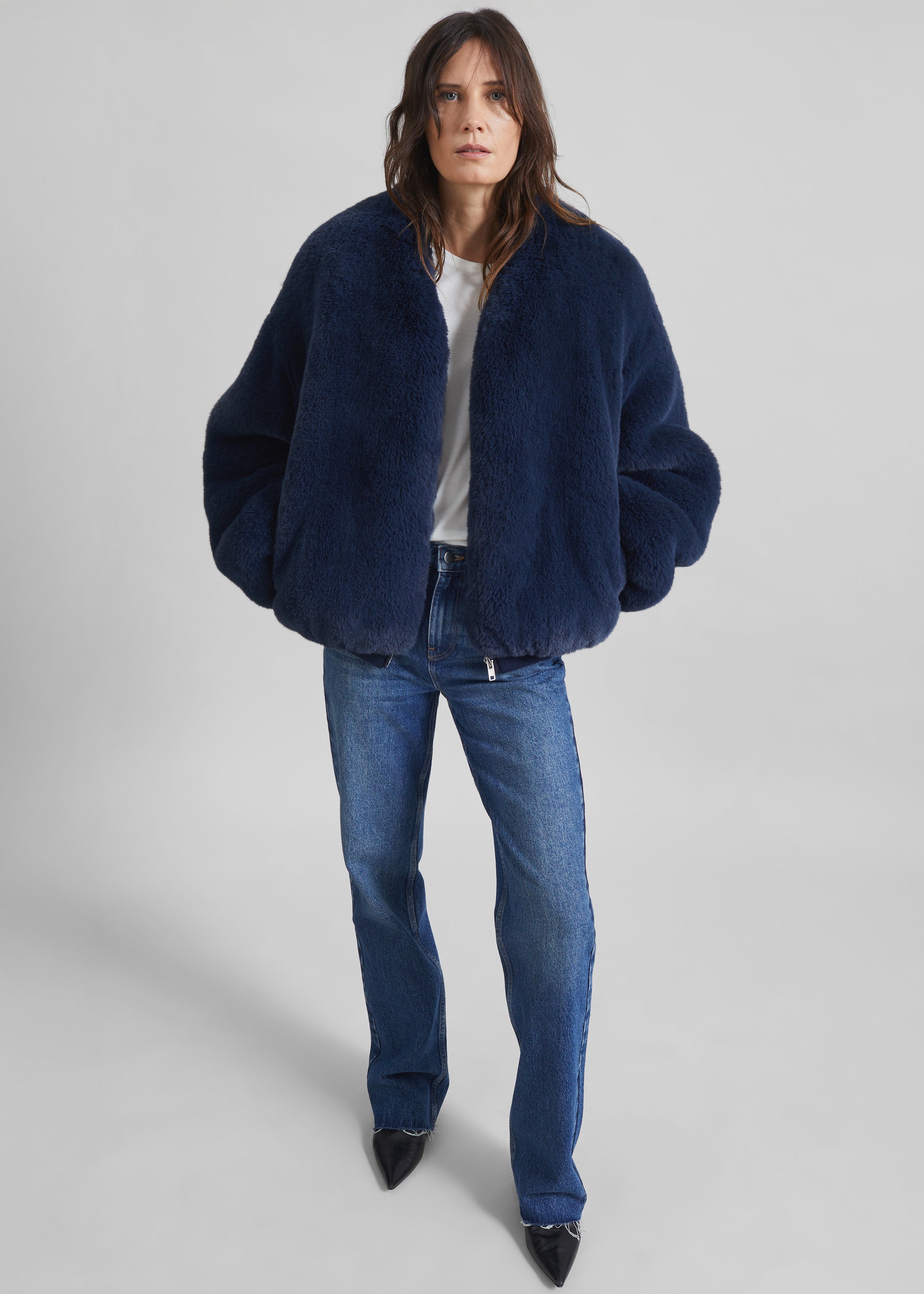 Shop the look image for Senna Faux Fur Collarless Jacket - Navy
